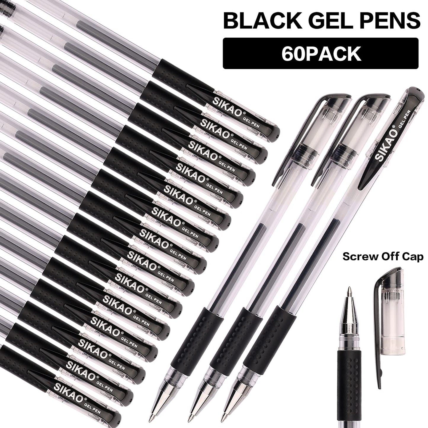 Sikao Black Gel Pens Bulk, 60 Pack 0.7mm Fine Point Gel Ink Rollerball Pens, Smooth Quick-Dry Black