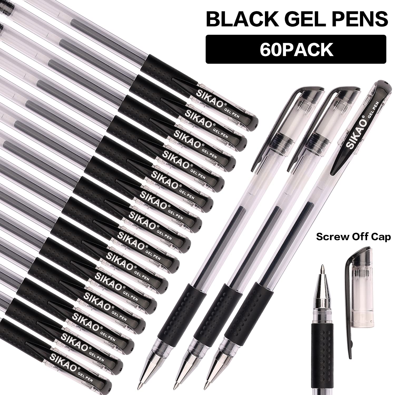 Sikao Black Gel Pens Bulk, 60 Pack 0.7mm Fine Point Gel Ink Rollerball Pens, Smooth Quick-Dry Black