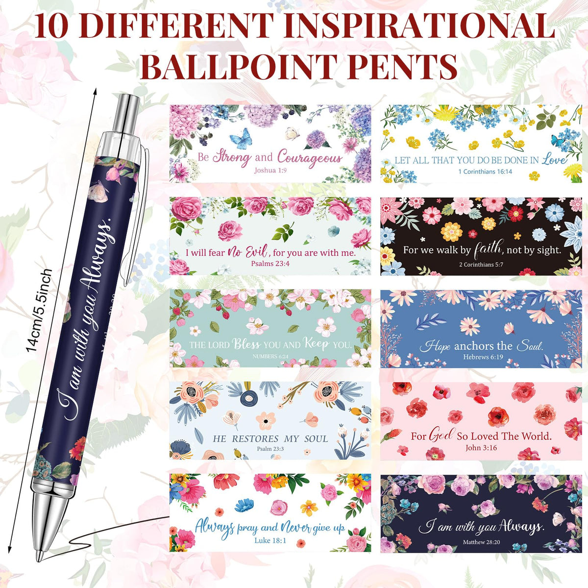 Qeeenar 50 Pcs Bible Verse Pens Christian Gift,Luxuriant Flowers