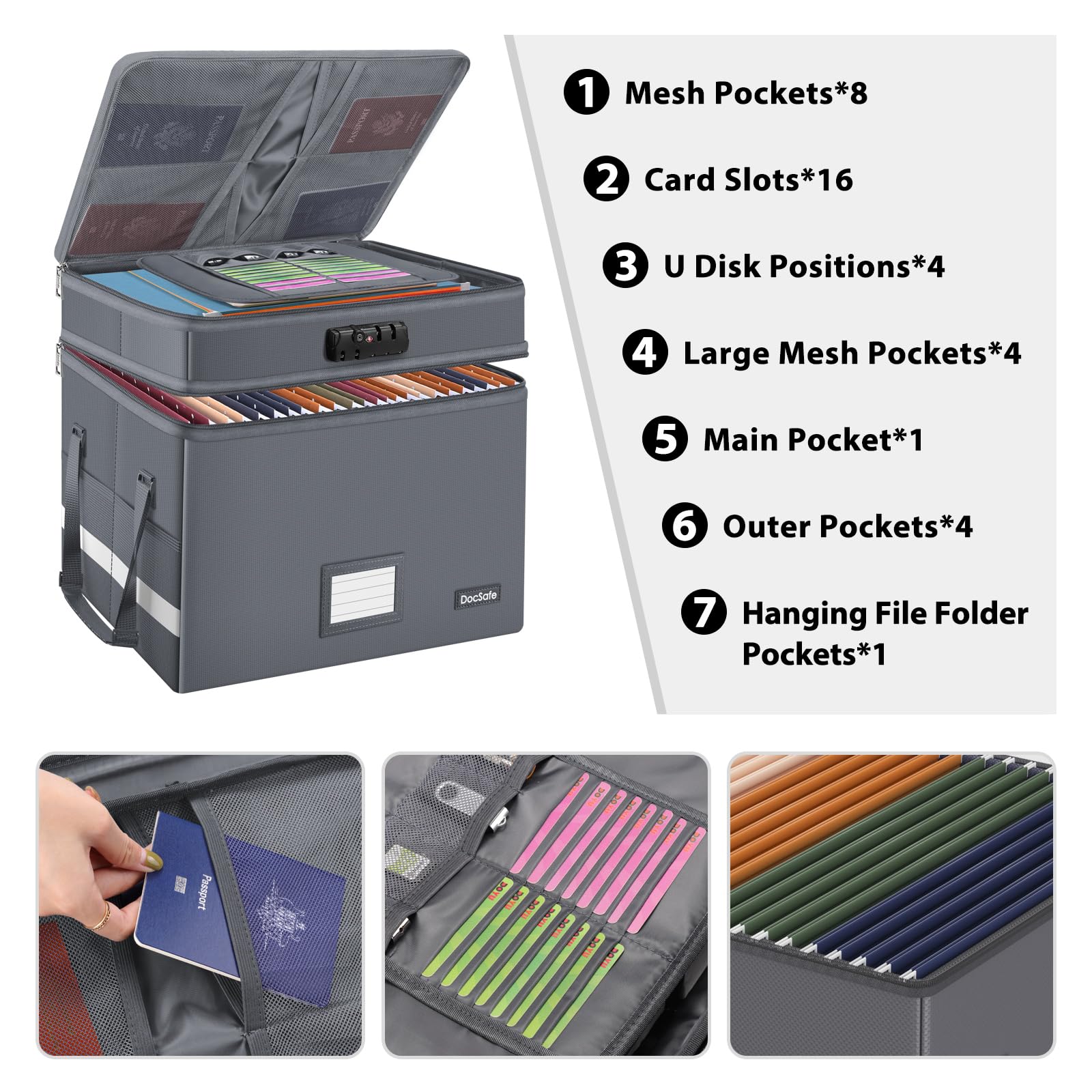 DocSafe File Box with Lock,Multi-Layer Fireproof Document Box Collapsible File Storage Organizer