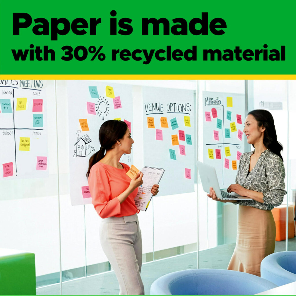 Post-it Easel Pad Made with Recycled Paper, 25 in x 30 in, White, 30 Sheets/Pad, 2 Pads/Pack, Great