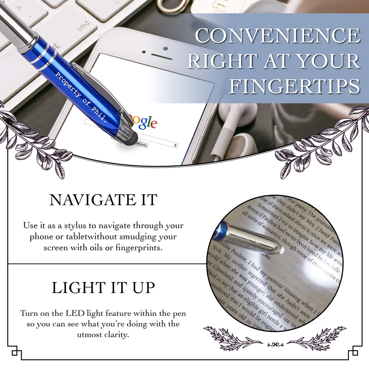 Personalized Pen, 3-in-1 Ballpoint Pen, Touch Screen Pen Stylus, & Flashlight- Customized for Men