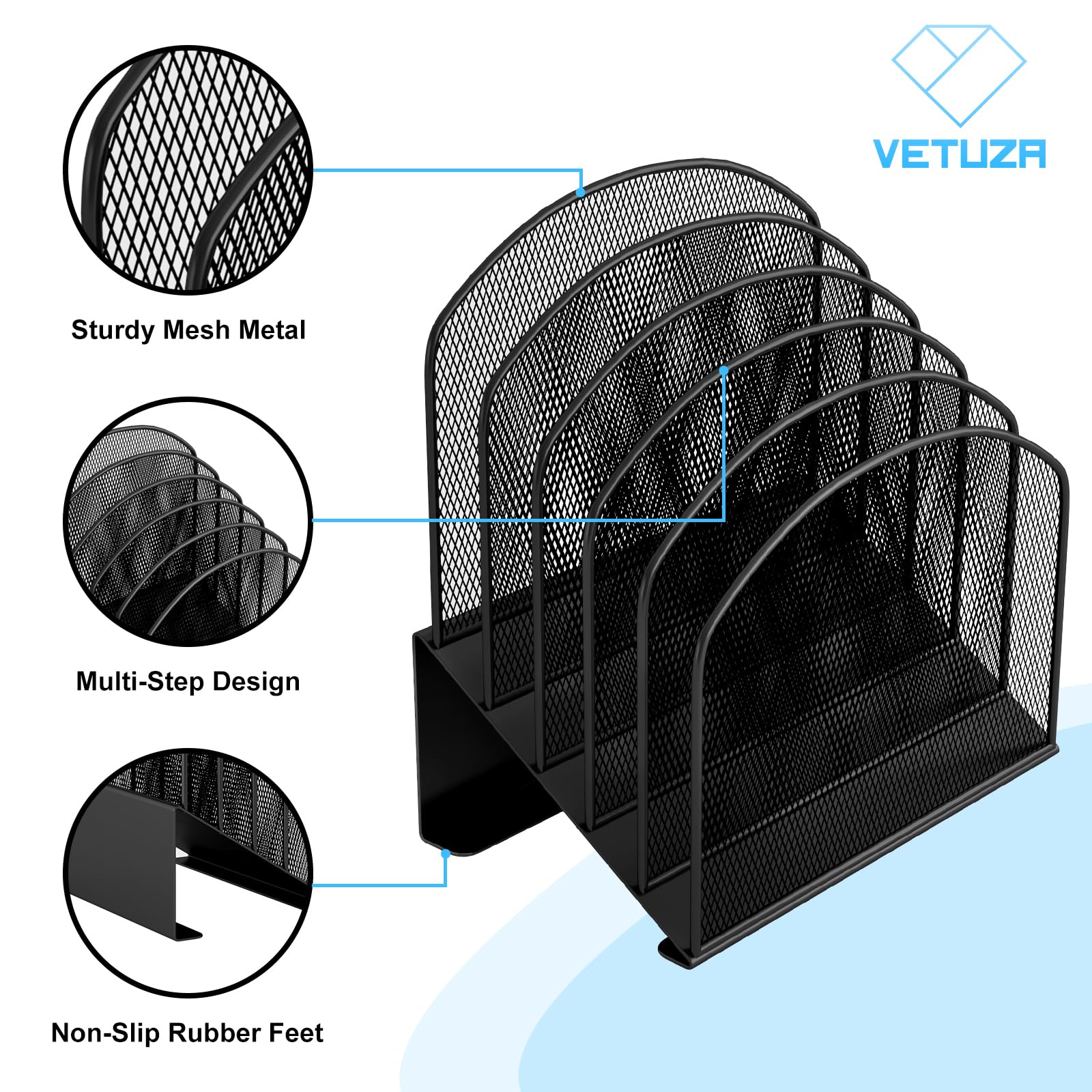 VETUZA Desk File Organizer, Metal Mesh Vertical Desktop File Folder Holder for Office & School &