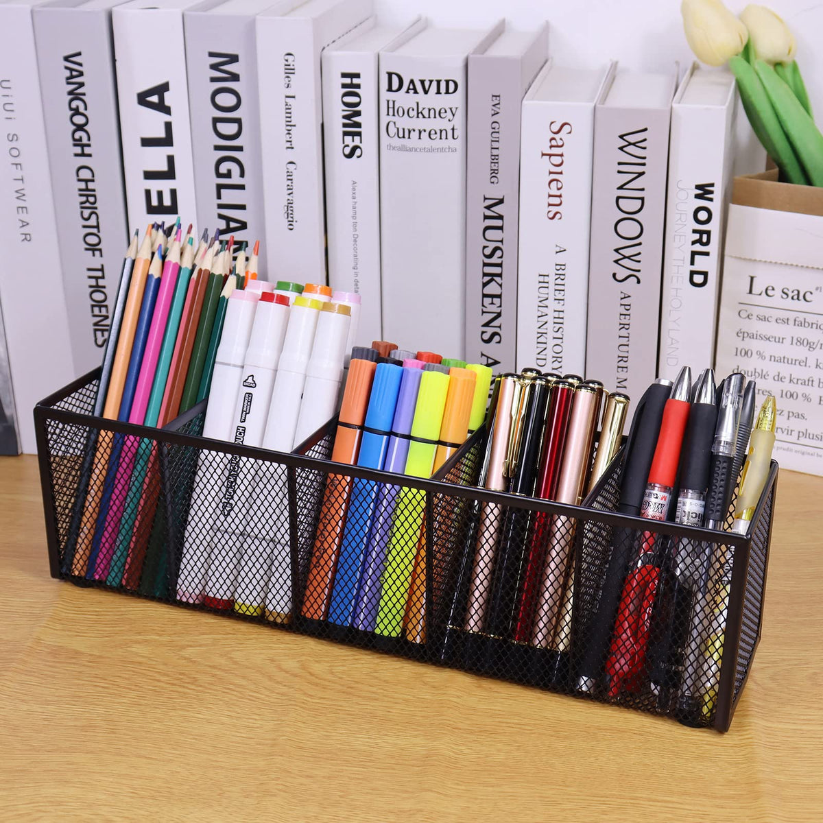 Flytreal Black Mesh Pen Pencil Holder, Small Metal Desk Organizer Desktop Stationery Office