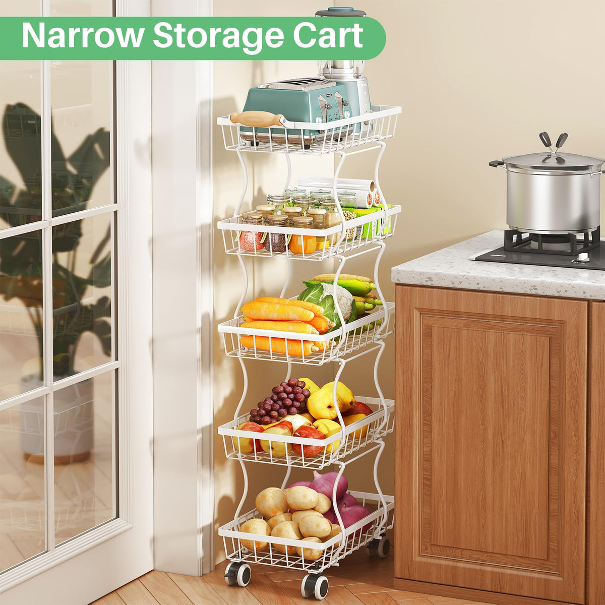 SAYZH 5-Tier Fruit Basket Stand with Vegetable Baskets for Kitchen, White