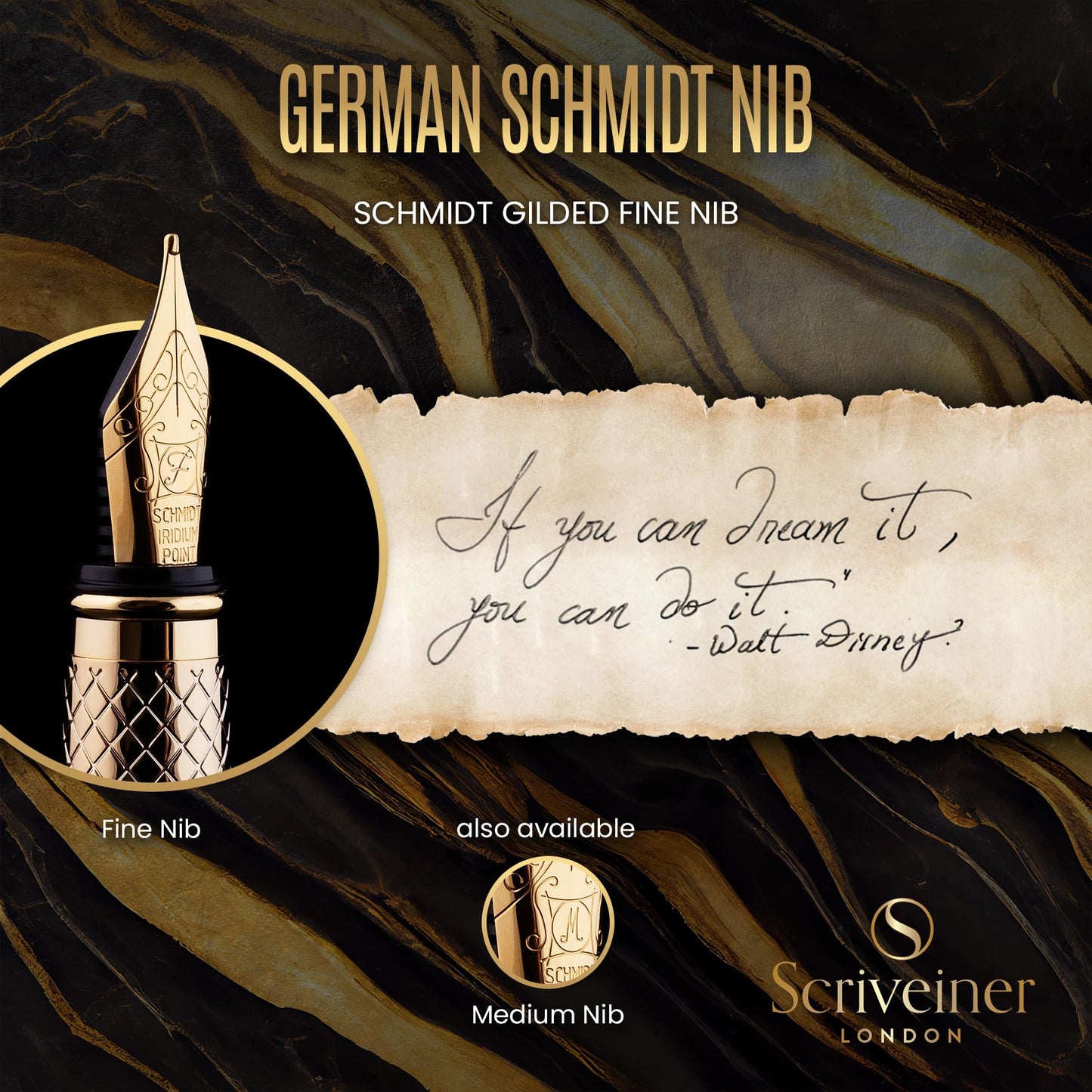 Scriveiner Luxury Fountain Pen - Stunning Luxury Pen, Real Gold Finish, Schmidt Gilded Nib (Fine)