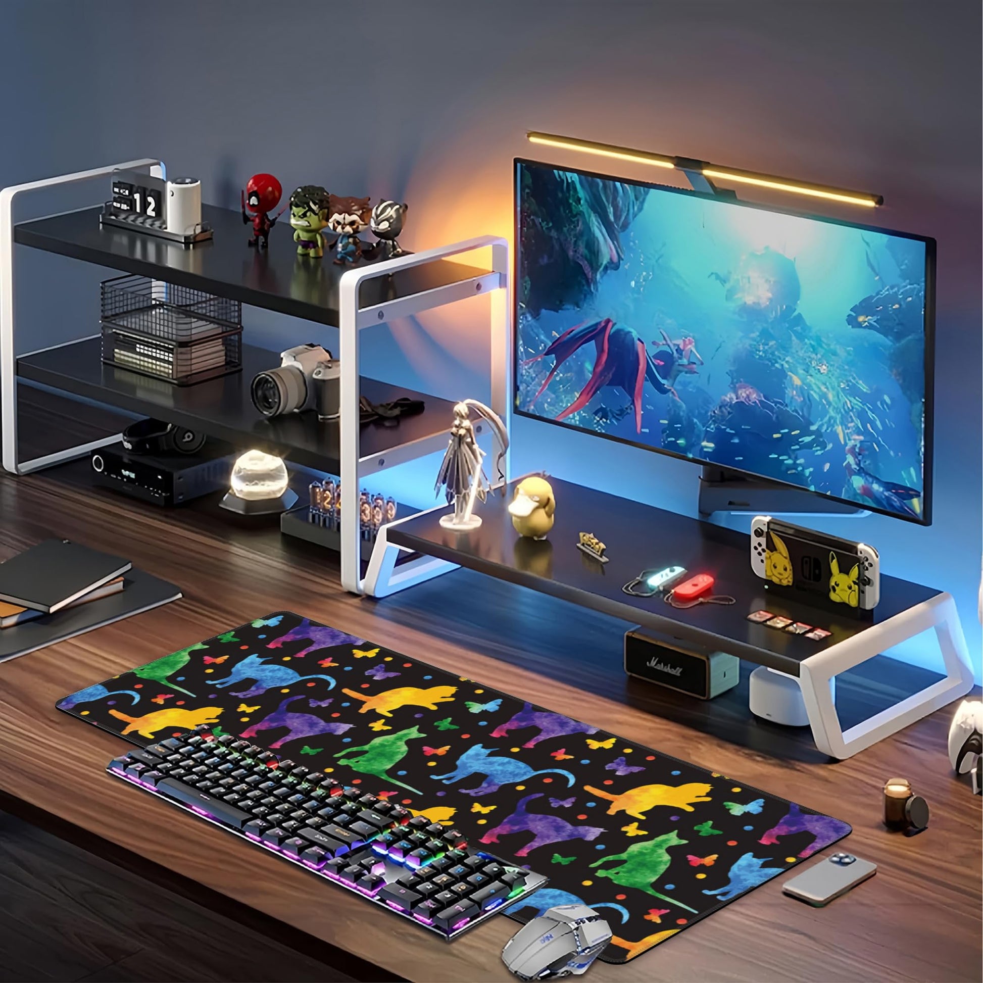 Colorful Cats and Butterflies Desk Mat,Large Watercolor Kittens Butterfly Gaming Keyboard Mouse