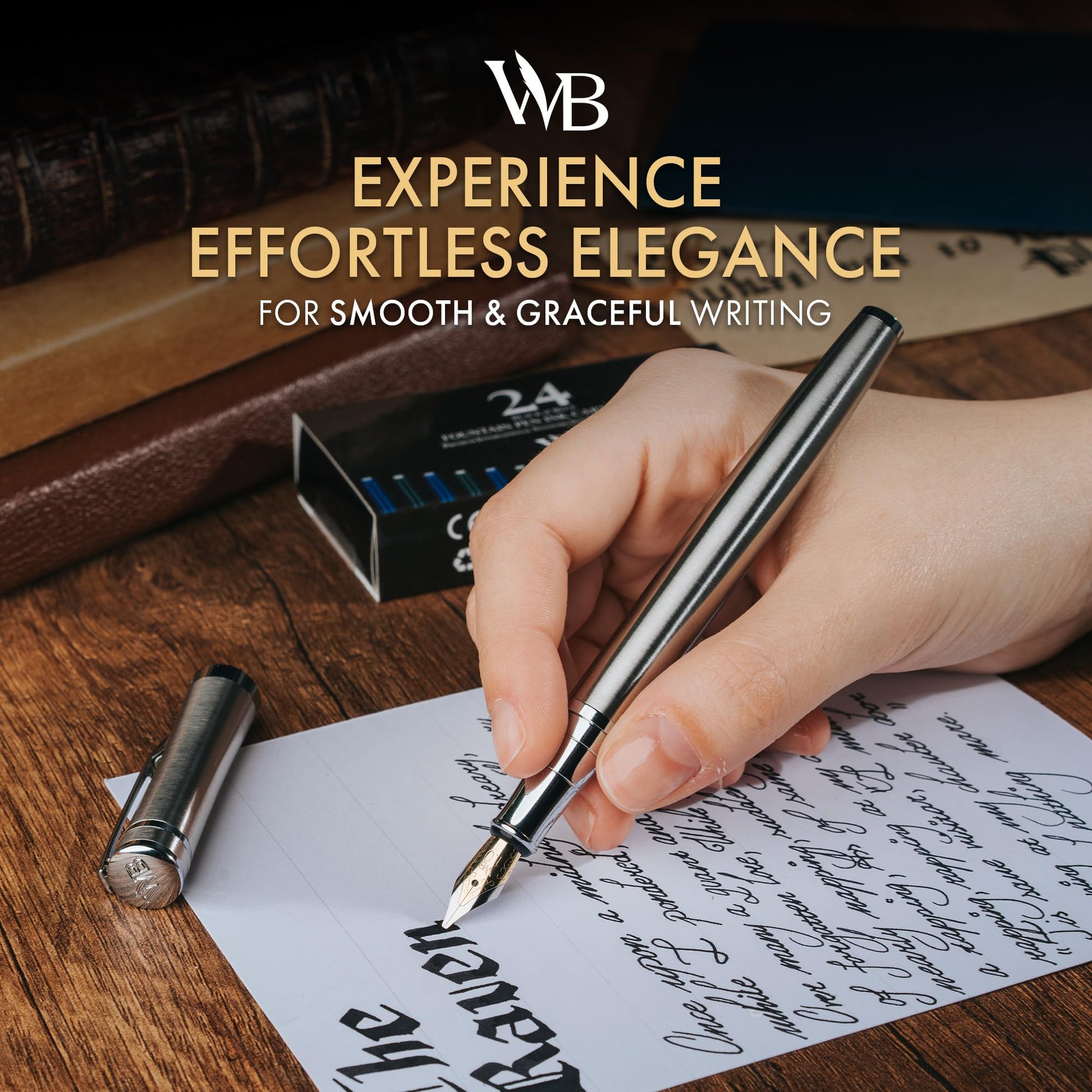 Wordsworth & Black Luxury Fountain Pen Set for Writing, Broad Nib, Silver