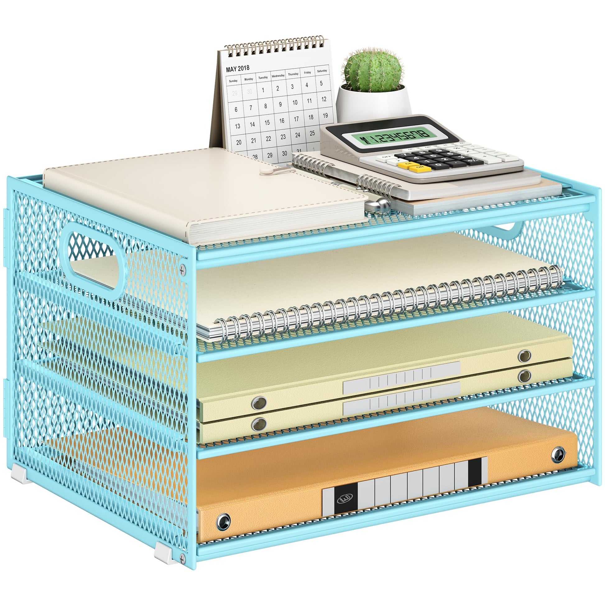 4 Tier Paper Organizer with Handle,Letter Tray Blue Desk Organizer Set
