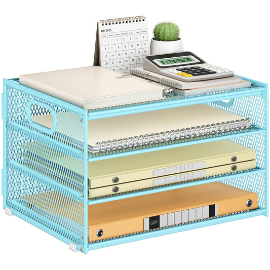 4 Tier Paper Organizer with Handle,Letter Tray Blue Desk Organizer Set