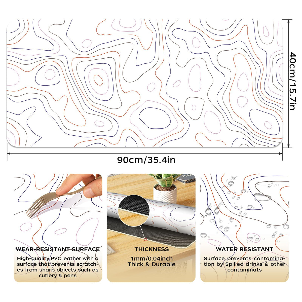 White Topographic Map Desk Mat 35.4" x 15.7", PU Leather Computer Laptop Mat, Non-Slip Waterproof