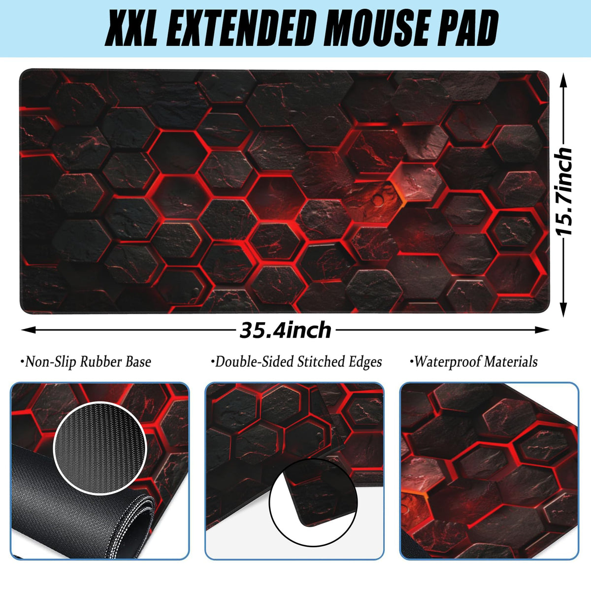 Large Gaming Mouse Pad for Desk,Red Honeycomb Science Technology Desk Mat,Honeycomb Hexagon Desk