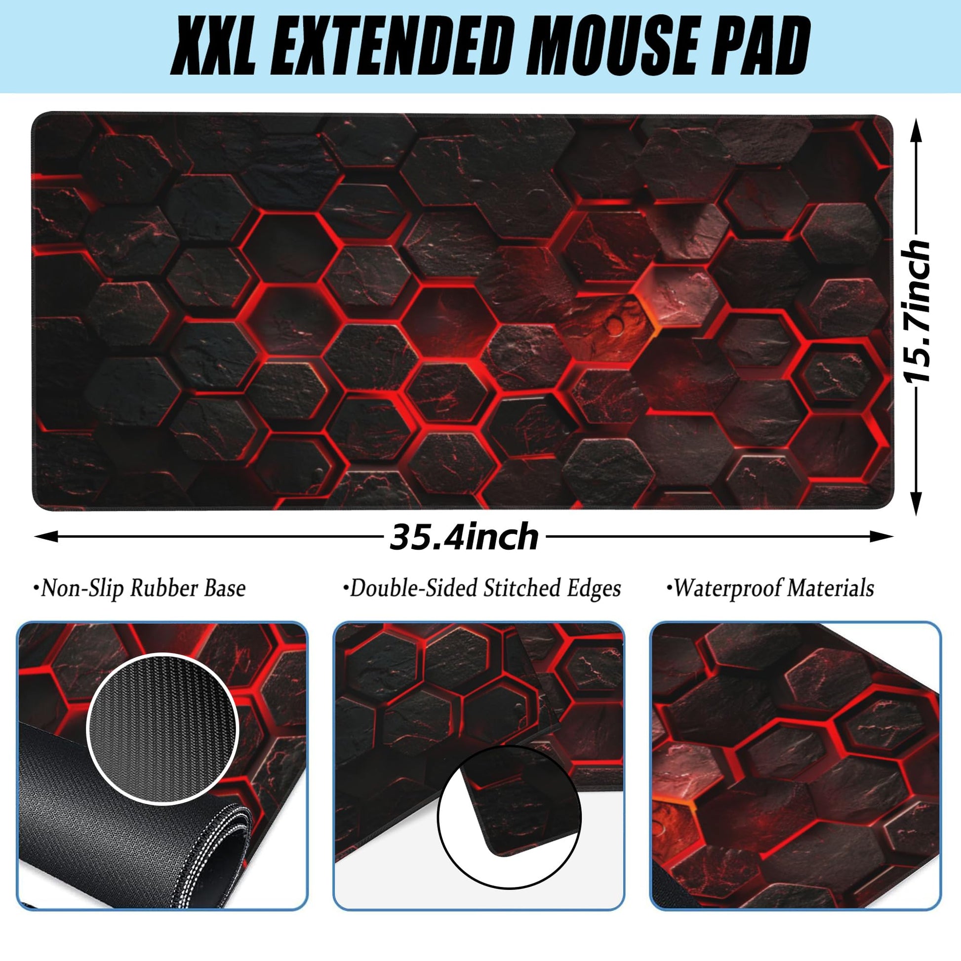 Large Gaming Mouse Pad for Desk,Red Honeycomb Science Technology Desk Mat,Honeycomb Hexagon Desk