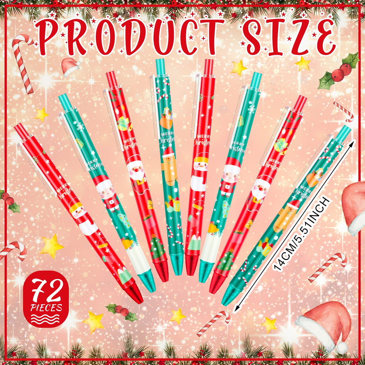 Leinuosen 72 Pcs Christmas Pens Bulk Cute Red Green Merry Christmas Retractable Ballpoint Gel Ink