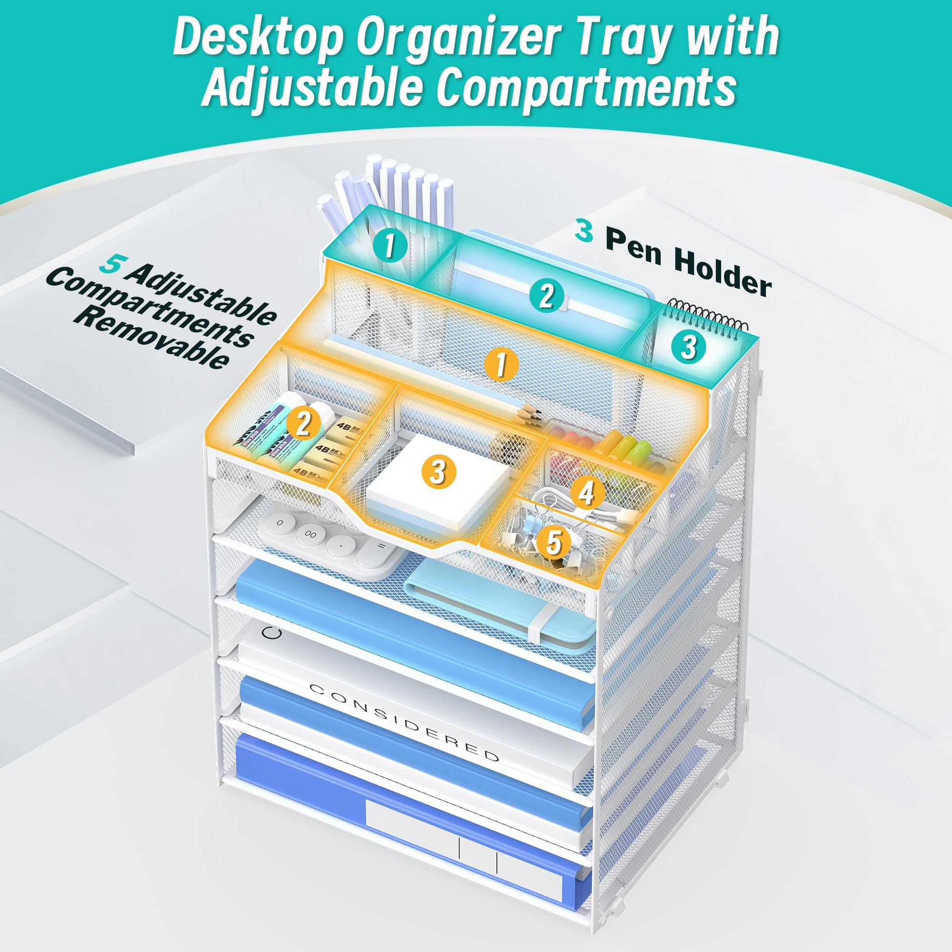 OrgMate 6 Tier Mesh Paper Desk Organizer with Pen Holders, White