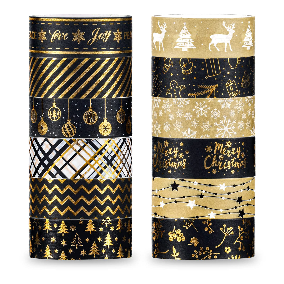 Whaline 12 Rolls Christmas Washi Tape Black Gold Xmas Washi Masking Tape Foil Gold Snowflake Xmas