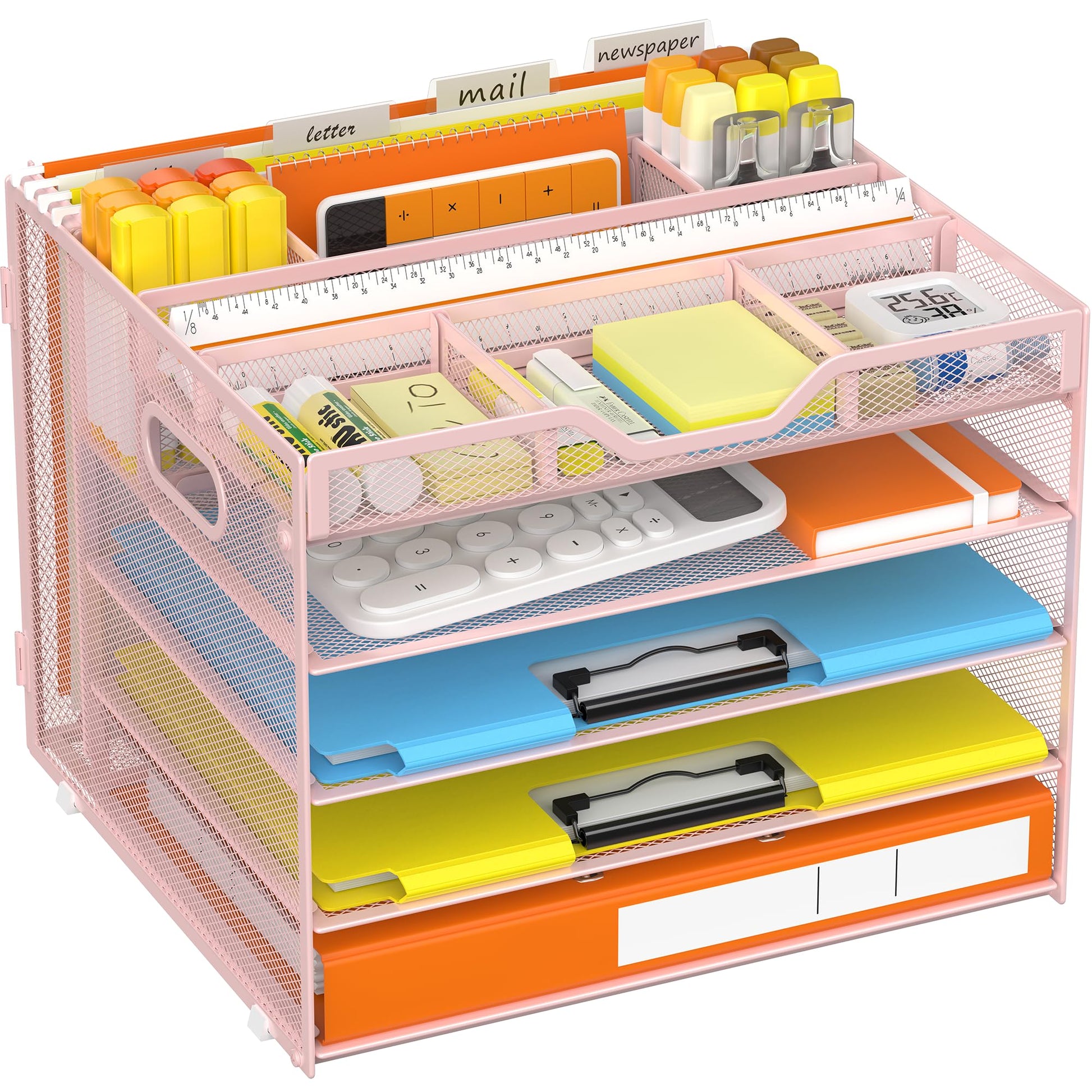 Docnest 5 Tier Desk Organizer with Hanging File Folder Holder&Tray, Pink