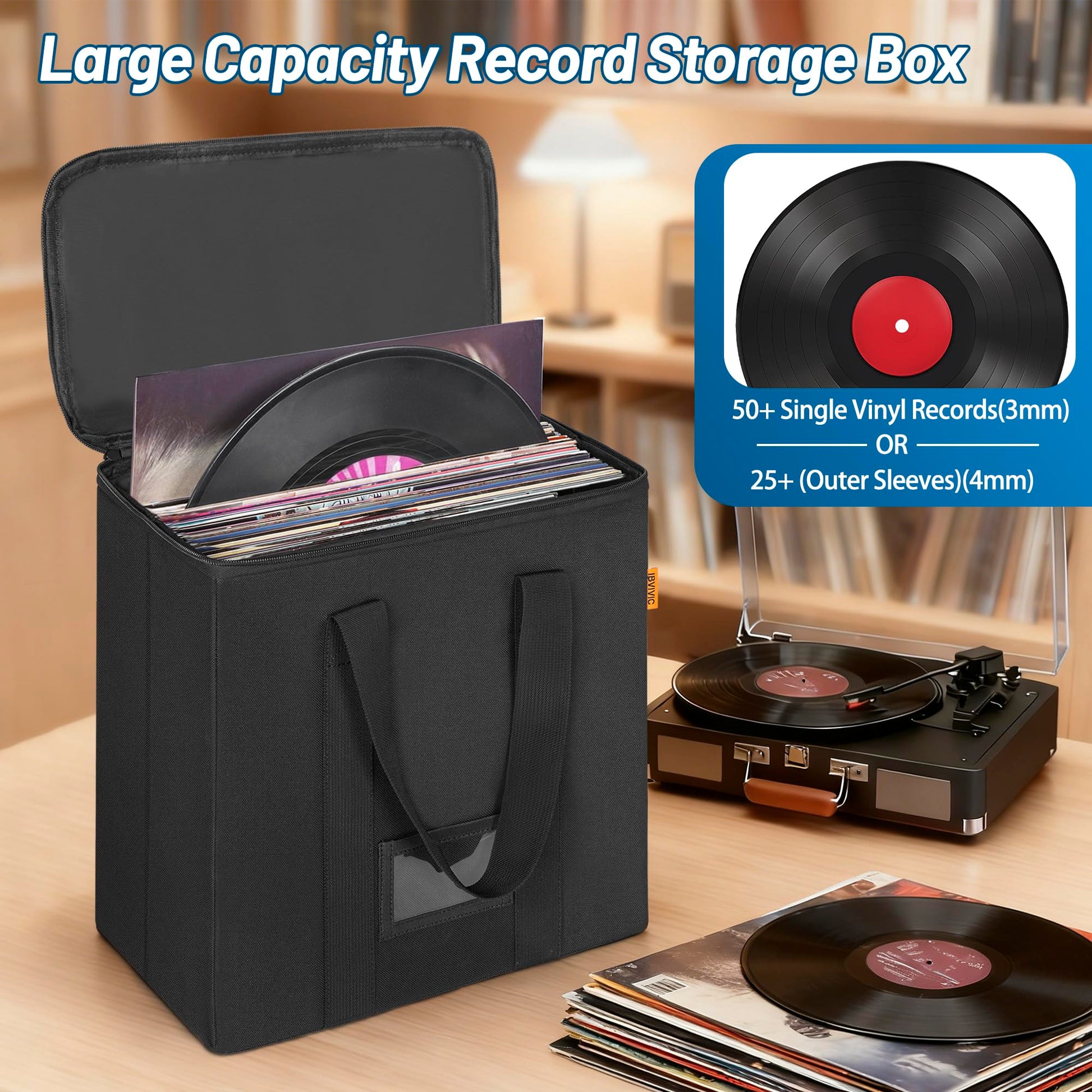 Vinyl Record Storage Box, Record Organizer Storage Bag Stores 35-50 LPs
