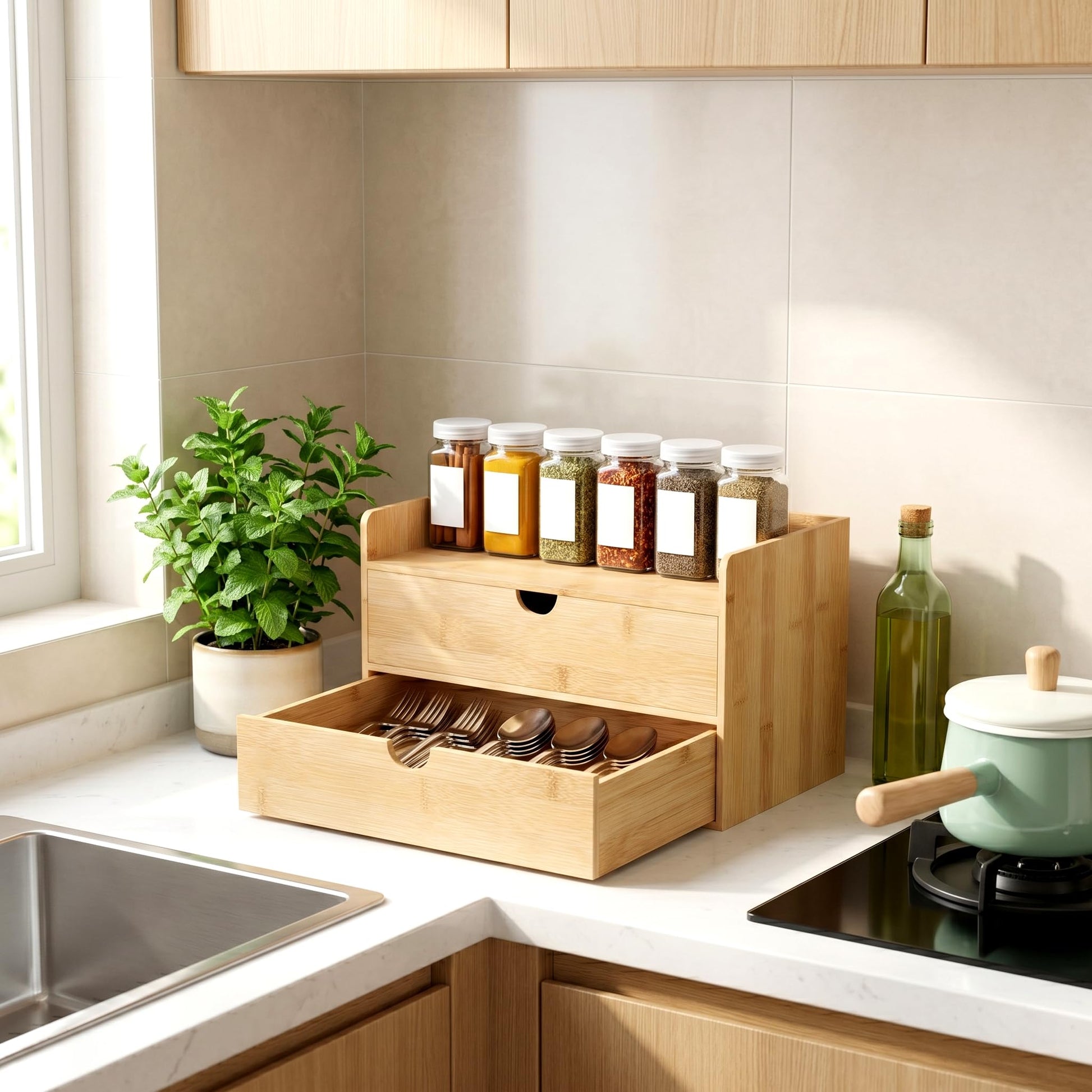 Bamboo Desk Organizer with Drawers, Desktop Storage for Office Supplies