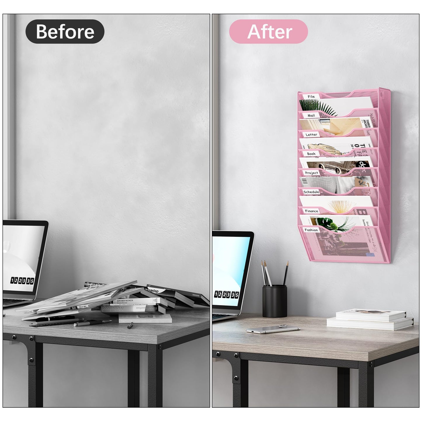 EasyPAG 8 Pocket Mesh Wall File Organizer, Hanging Paper Folder Holder with Classify Label