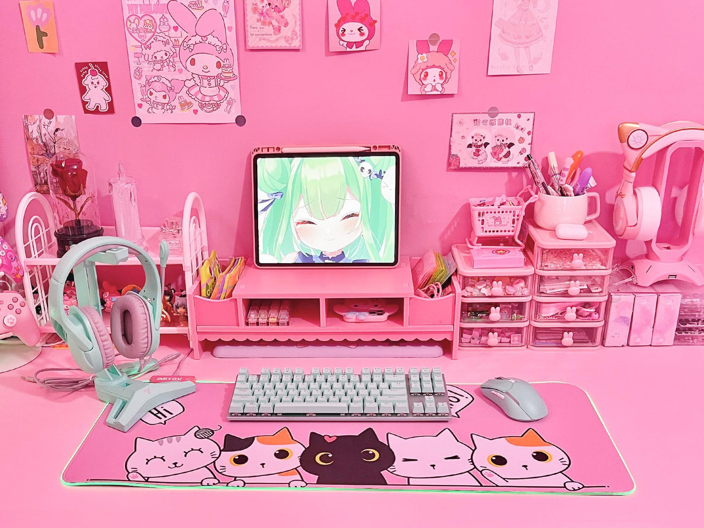 JMIYAV Pink Kawaii Cat RGB Gaming Mouse Pad 31.5x12 Inch PC XL Large Extended Glowing Led Light Up