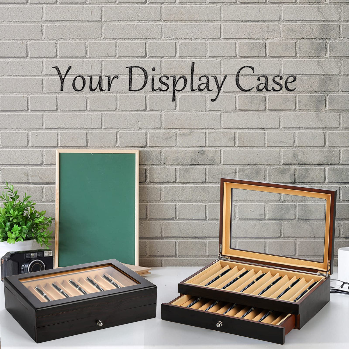 Yesland 2 Layer Ebony Wood Pen Display Box, 23 Slot Fountain Pen Organizer Box with Clear Glass