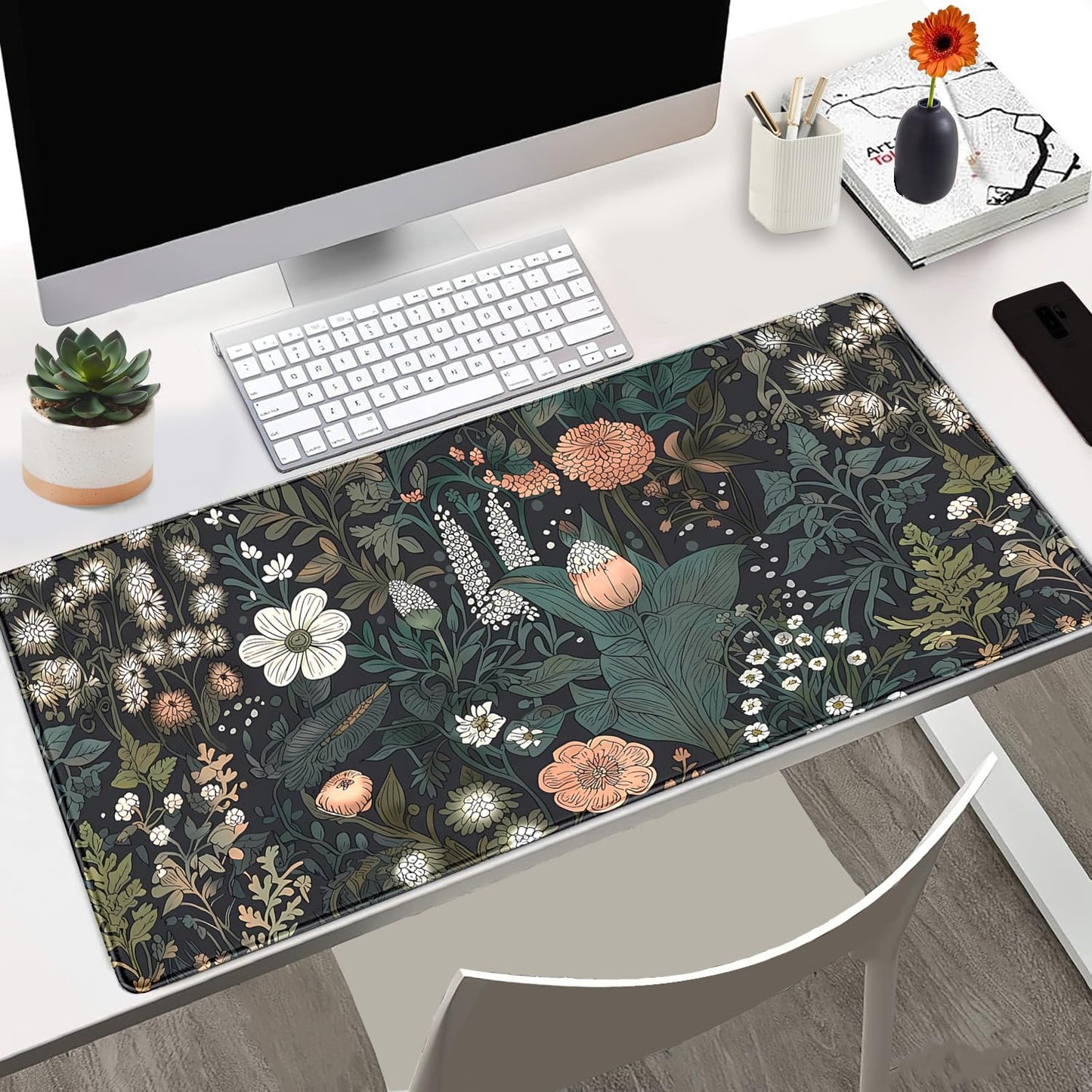 Dark Flower Desk Mat Floral Plants Mouse Pad Boho Aesthetic Wildflowers Large Gaming Mousepad Desk