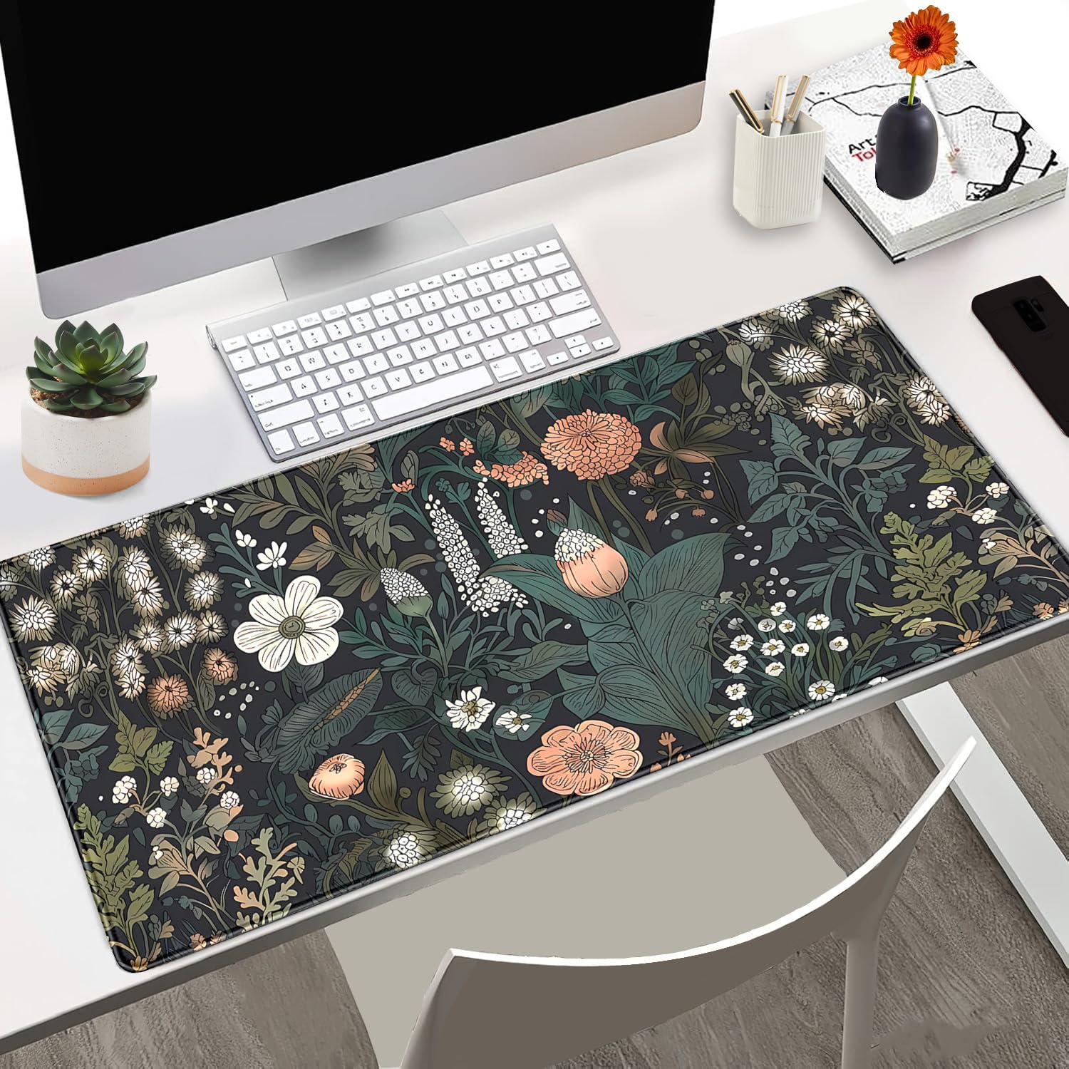 Dark Flower Desk Mat Floral Plants Mouse Pad Boho Aesthetic Wildflowers Large Gaming Mousepad Desk