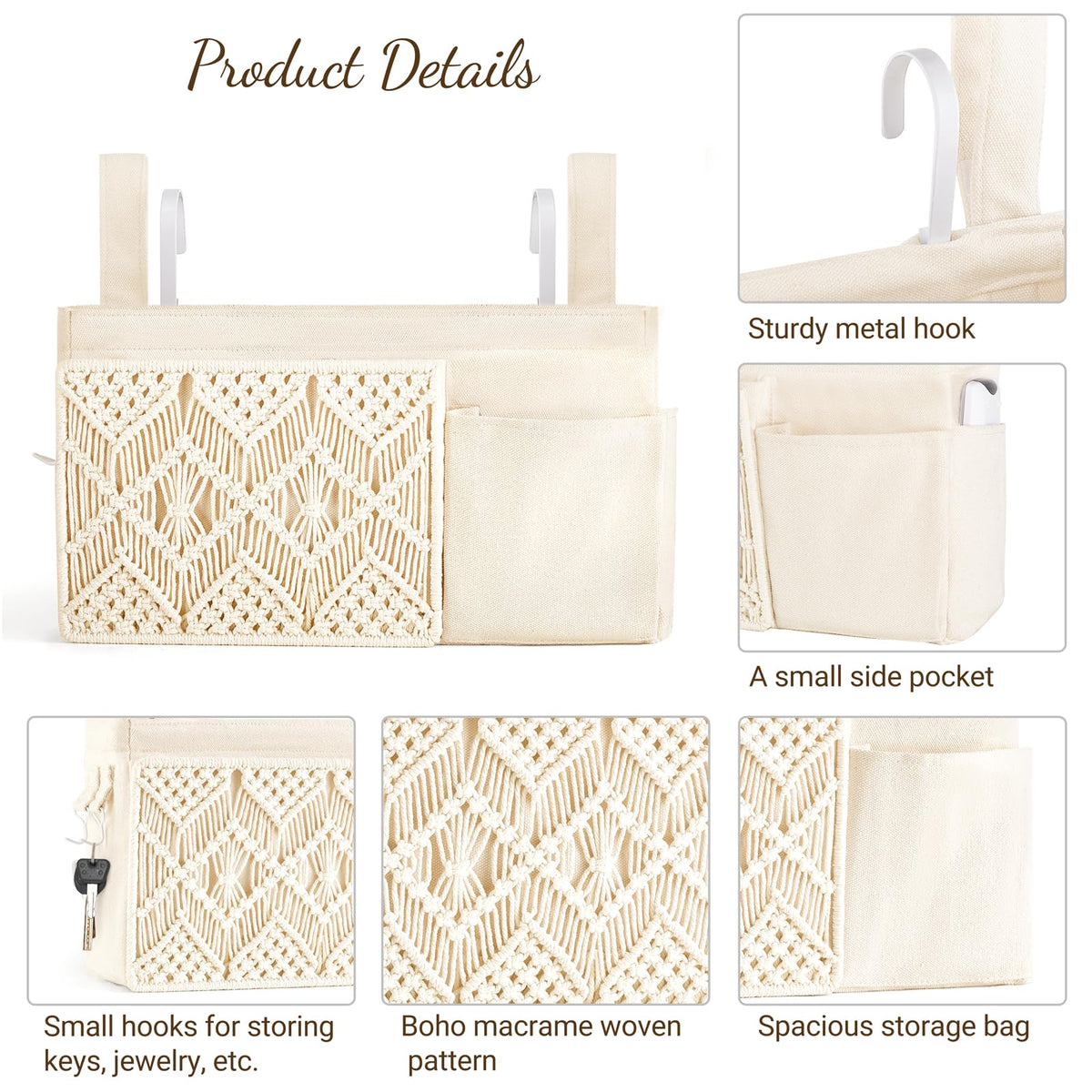 Mkono Bedside Caddy, Macrame Hanging Organizer, 4 Pockets Ivory Metal Hooks
