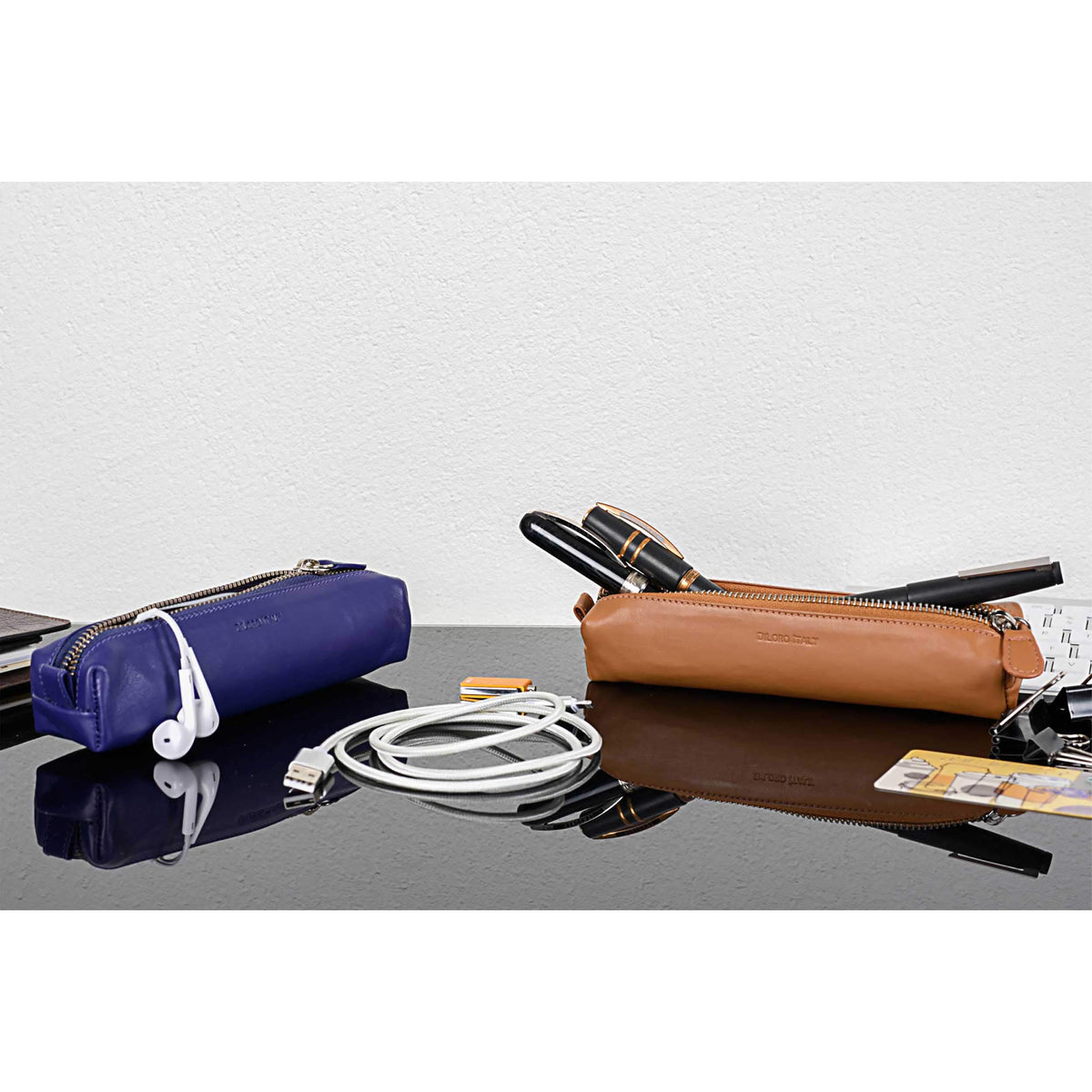 DiLoro Leather Zippered Fountain Ballpoint Rollerball Pens and Pencils Case Holder Pouch Genuine