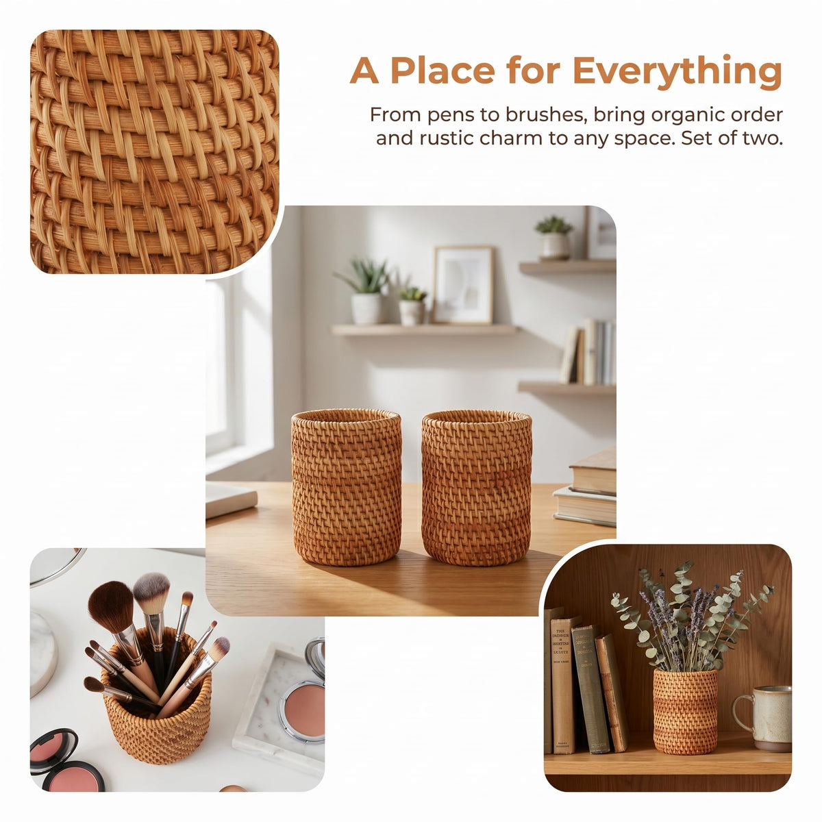 Okllen 2 Pack Rattan Pencil Holder, Handmade Wicker Pen Cup Makeup Brushes Holder, Woven Vine Desk