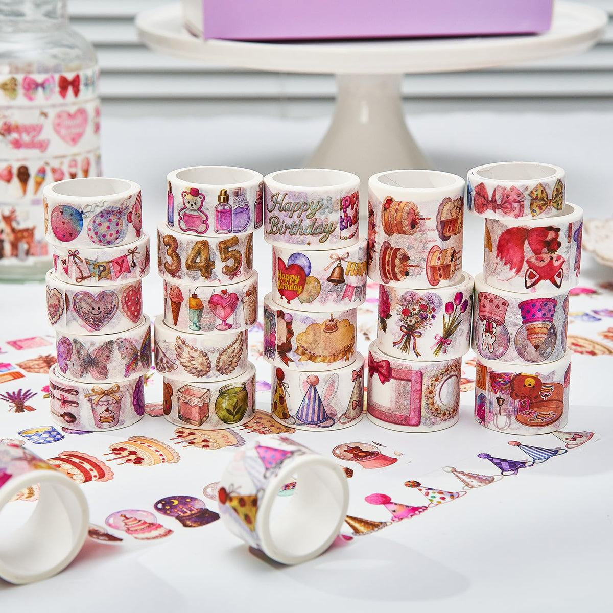 Birthday Washi Tape Set 21 Rolls for Junk Journal, Scrapbooking & DIY Craft