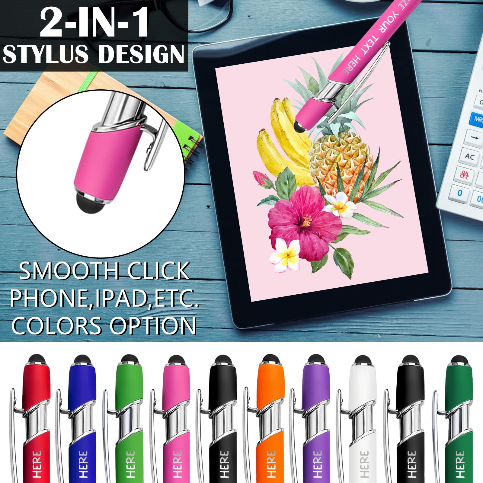 Yananka 12 Pcs Custom Pens with Stylus,Personalized Pens with Free Engraving,Customized Pens with