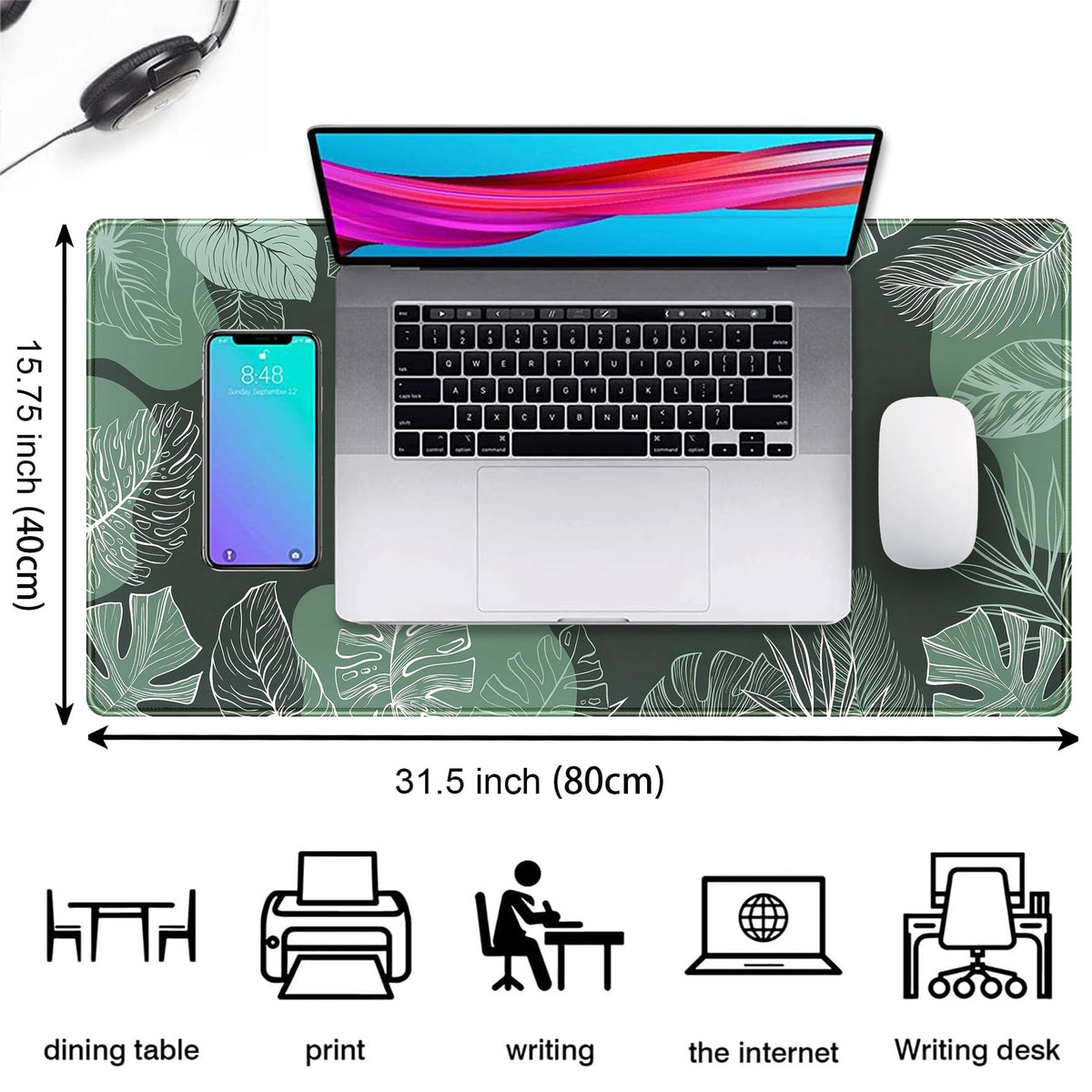 Green Plants Desk Mat Tropical Leaves Mouse Pad Cute, Large Extendded Gaming Deskmat, XXL Laptop