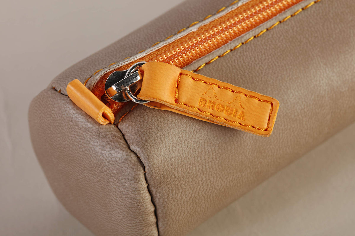 Rhodia 318894C - Rhodiarama Taupe Round Pencil Case - 21.5 x 5.5 cm - Genuine Orange Stitching