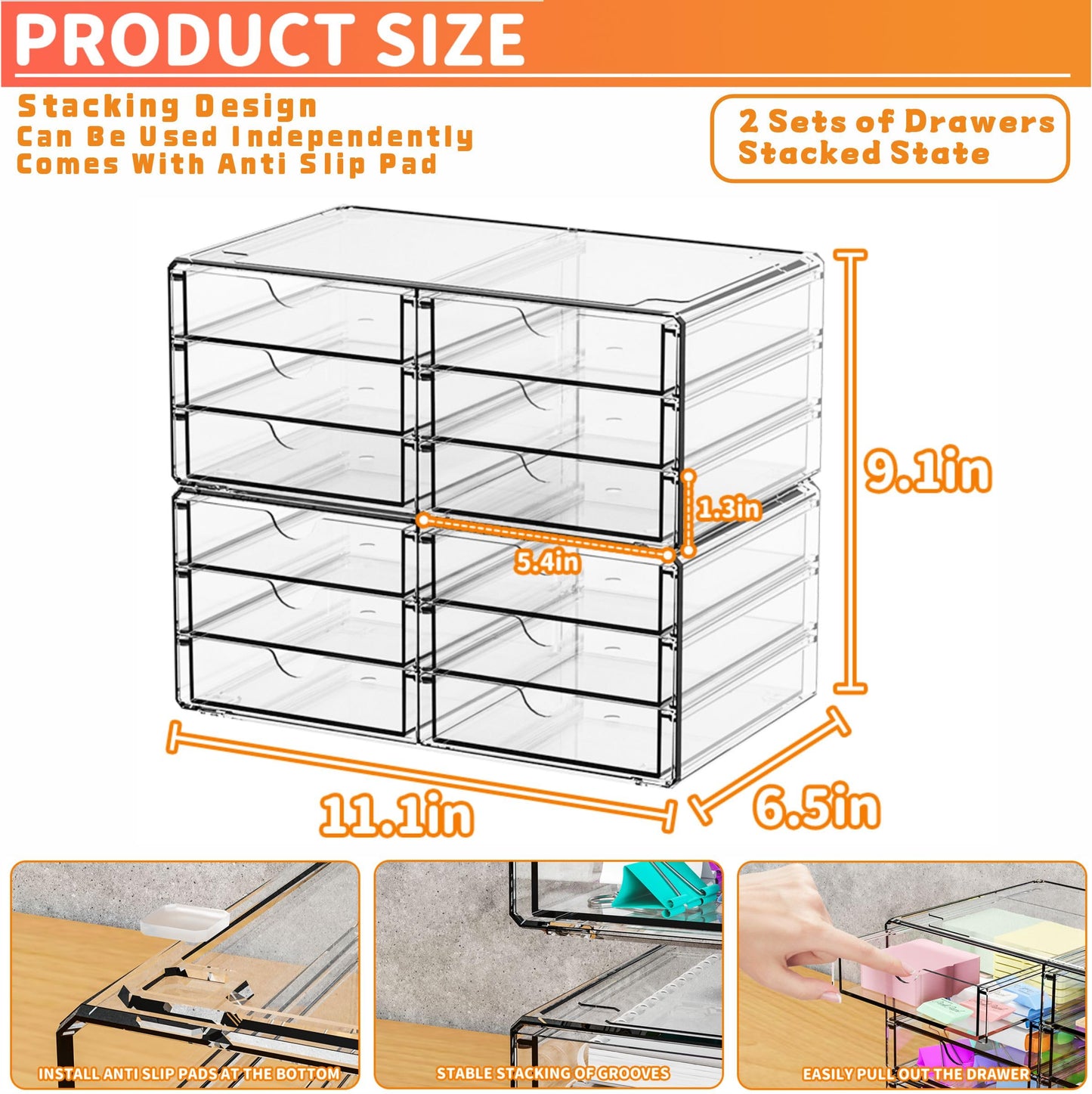 Yieach 2 Pack Acrylic Storage Drawers With 12 Small Drawer,Stackable Office Cabinet Organizer and