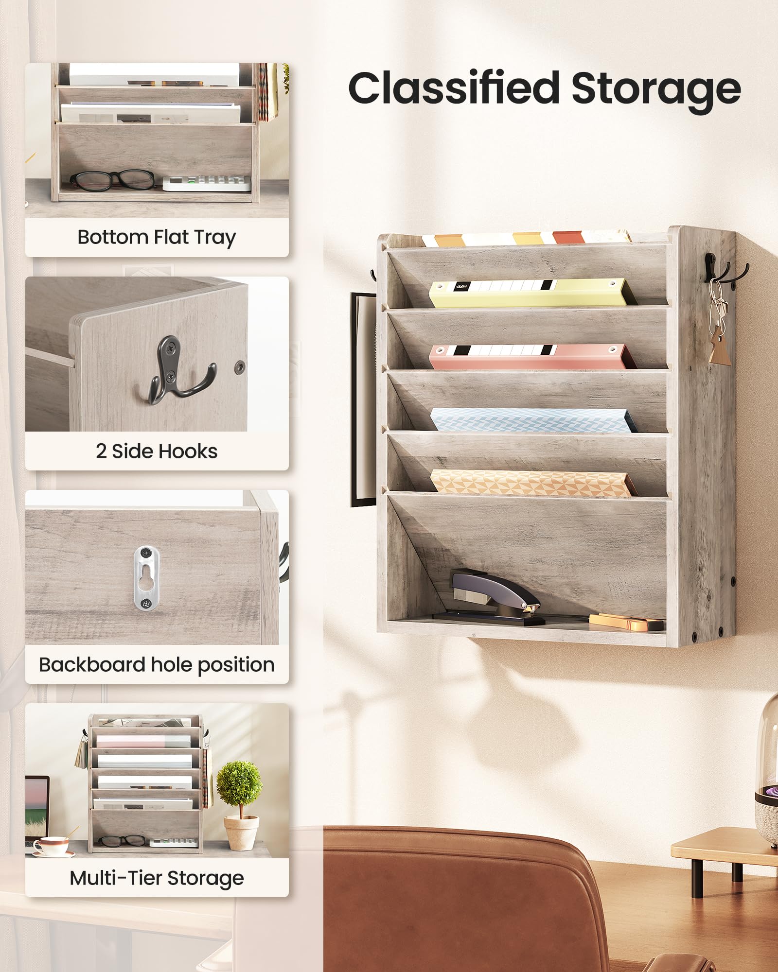 CHOEZON Wall File Organizer, 6-Tier Vertical Mount Hanging Holder with 2 Side Hooks, Modern Wooden