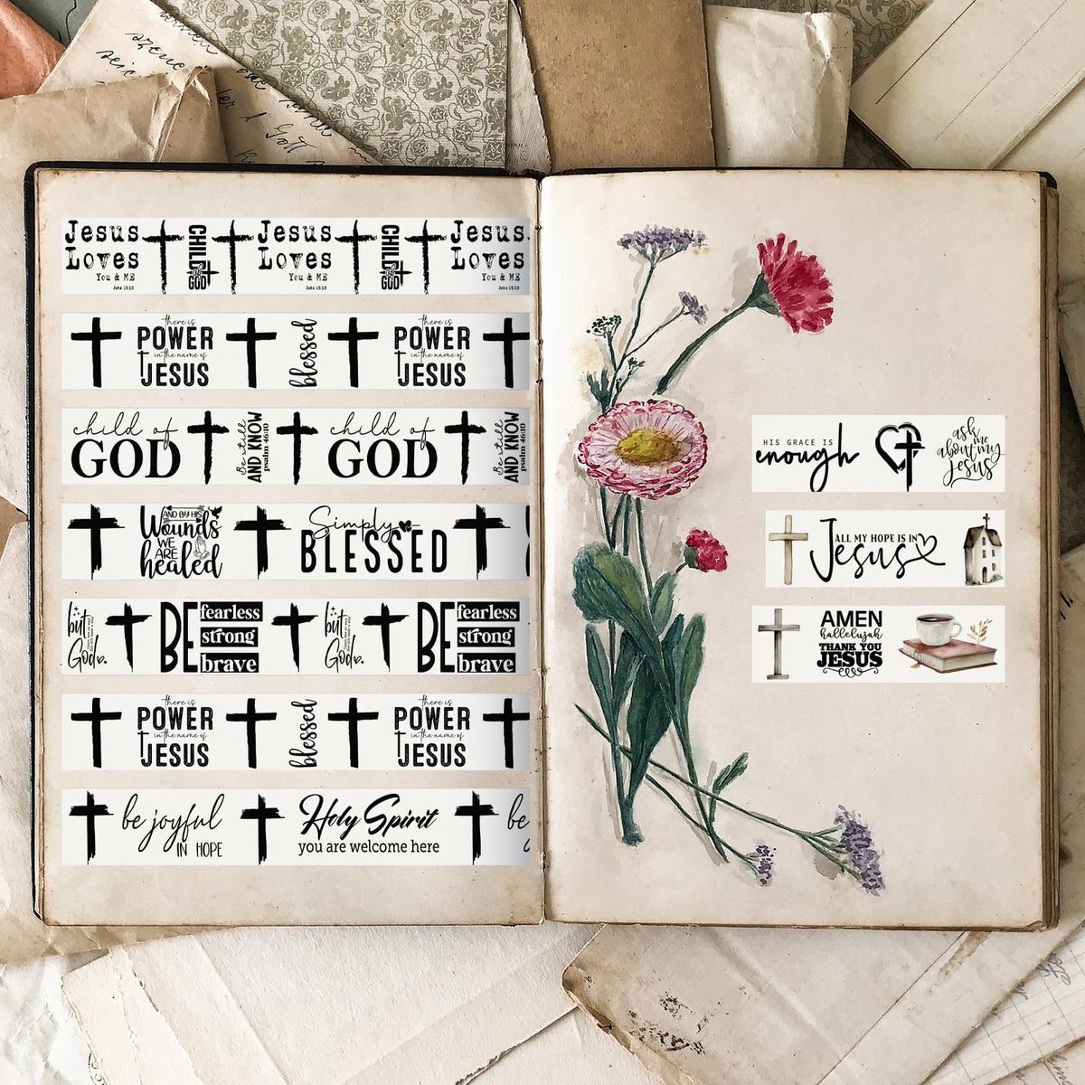 Janlaugh 24 Rolls Christian Washi Tape Gifts, Black White Cross Religious