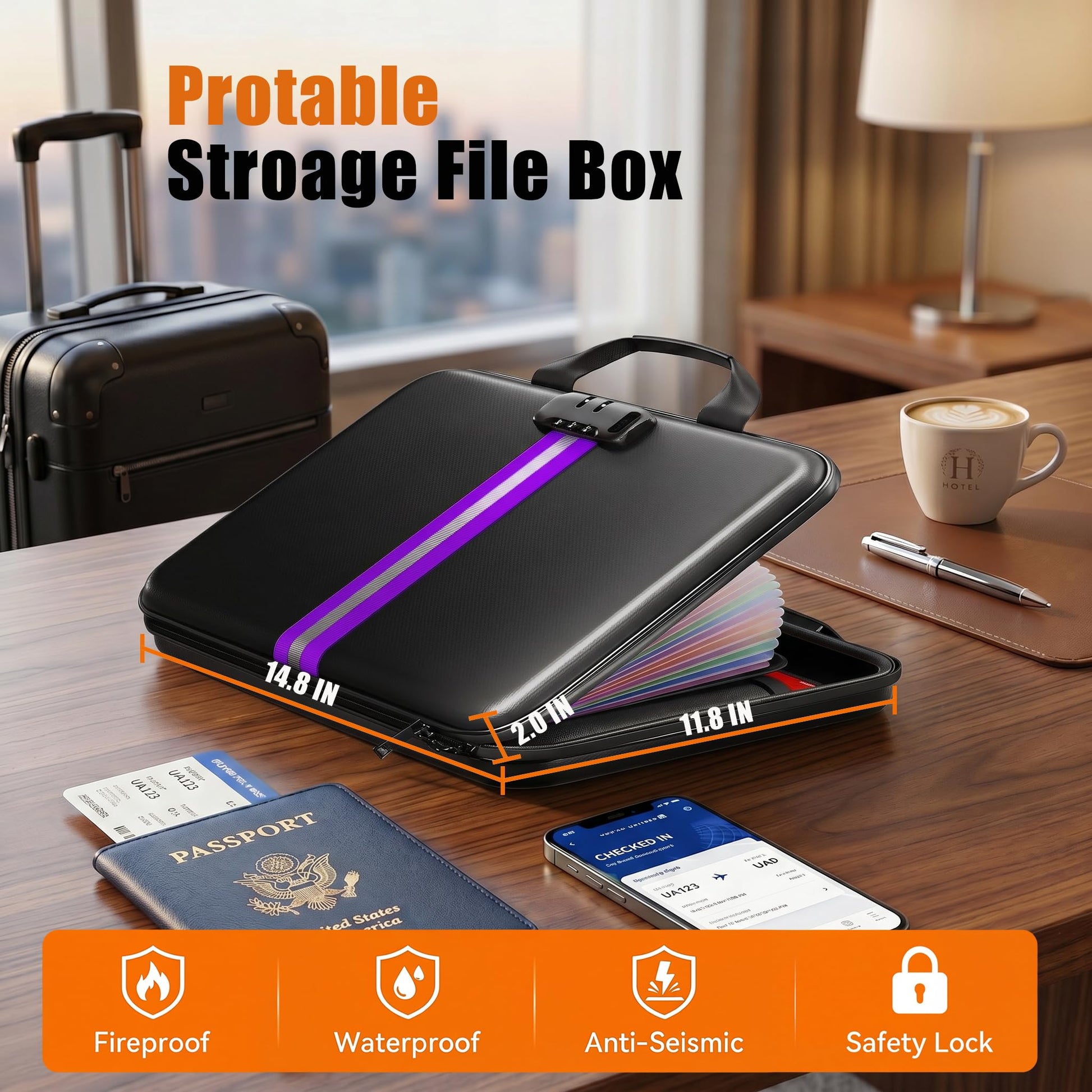 IPYIPY Fireproof Document Organizer with Lock, Semi-Rigid EVA Shell File Box with 13-Pocket