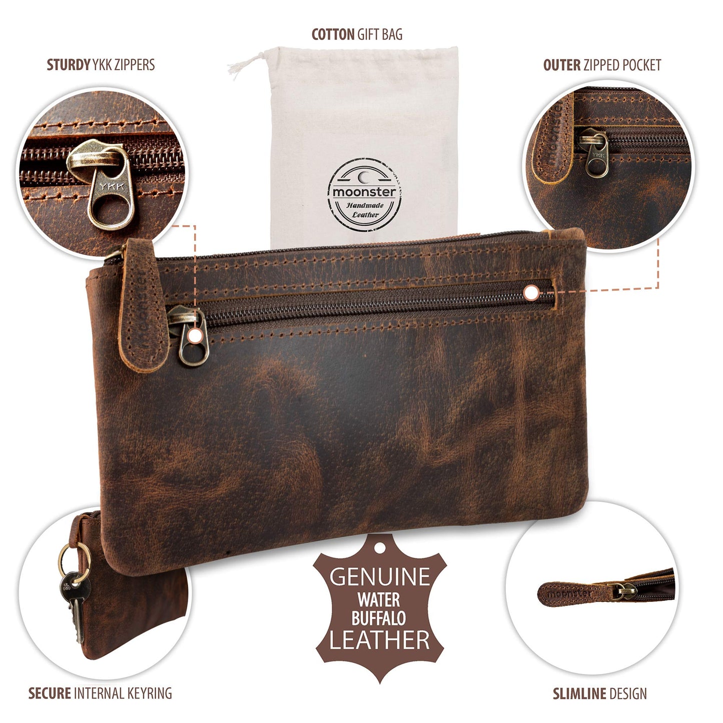 moonster Full-Grain Buffalo Leather Pen Case, 8x4 Inch, Zipper, Handmade – Pencil Case Pouch, Small