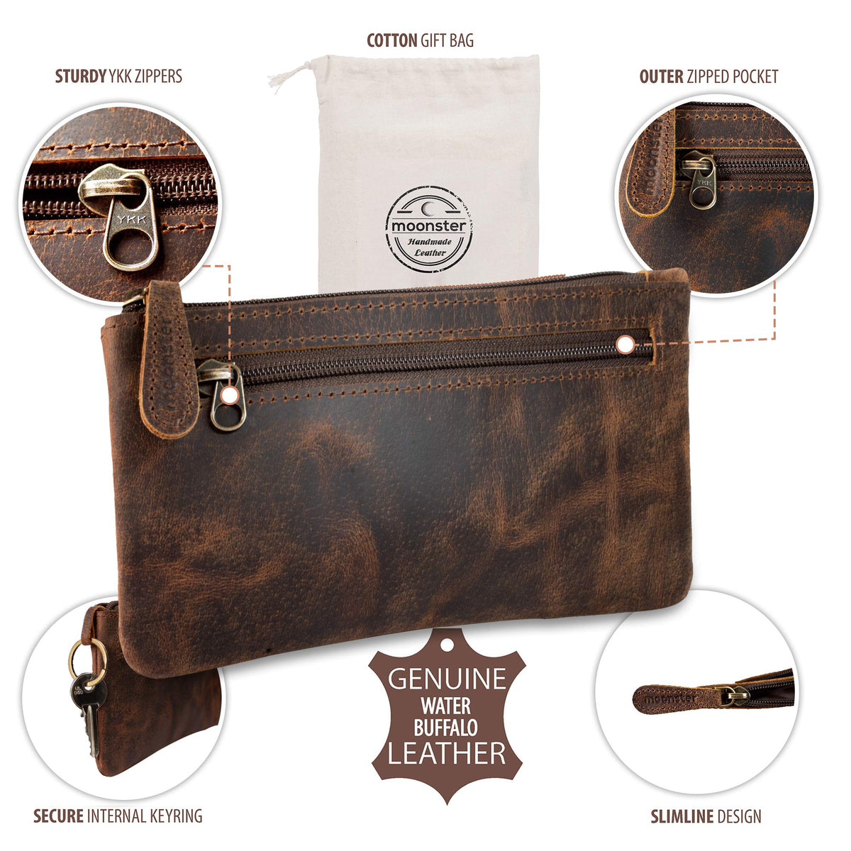 moonster Full-Grain Buffalo Leather Pen Case, 8x4 Inch, Zipper, Handmade – Pencil Case Pouch, Small