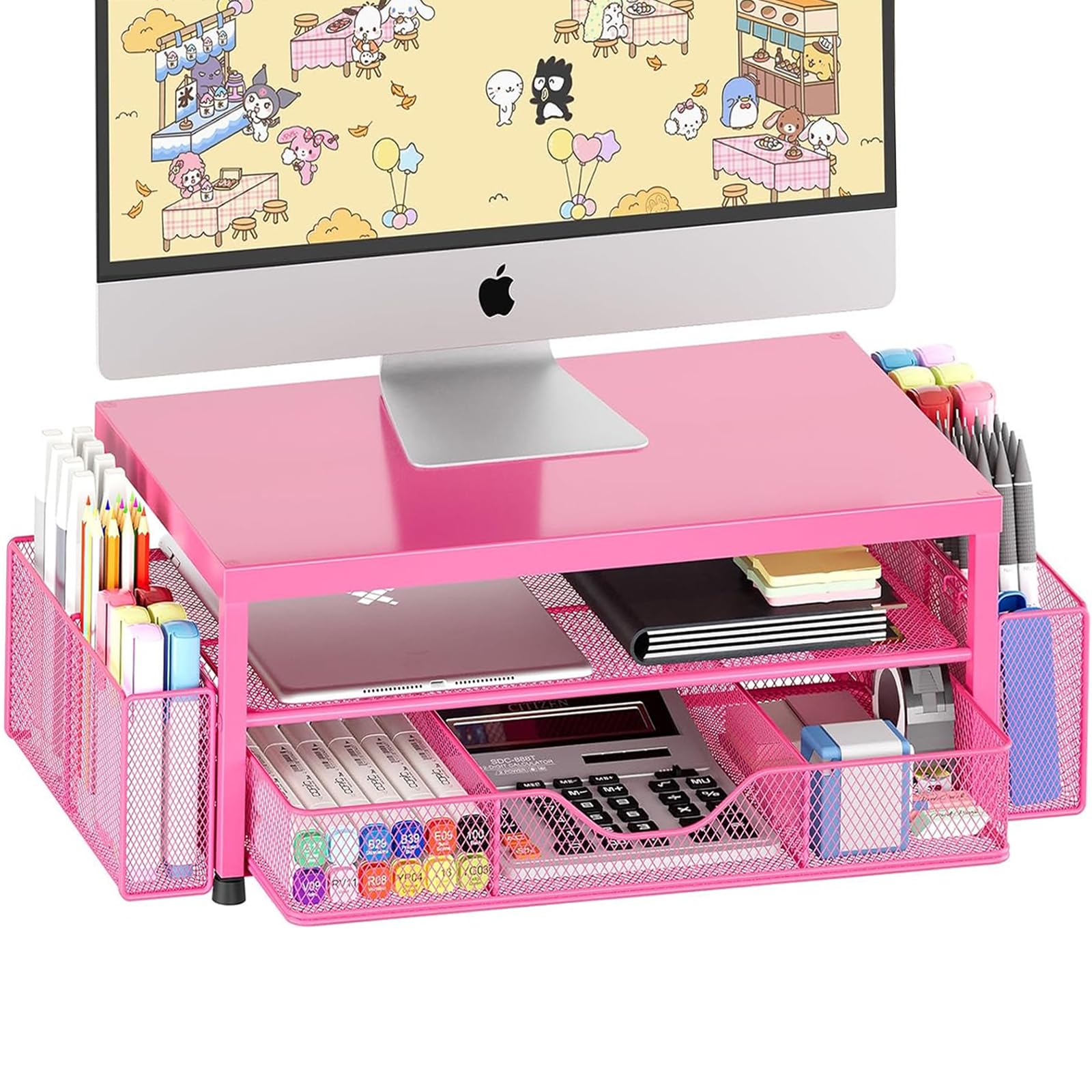 OPNICE Desk Organizers and Accessories, Computer Monitor Stand Riser with Drawer and 2 Pen Holders