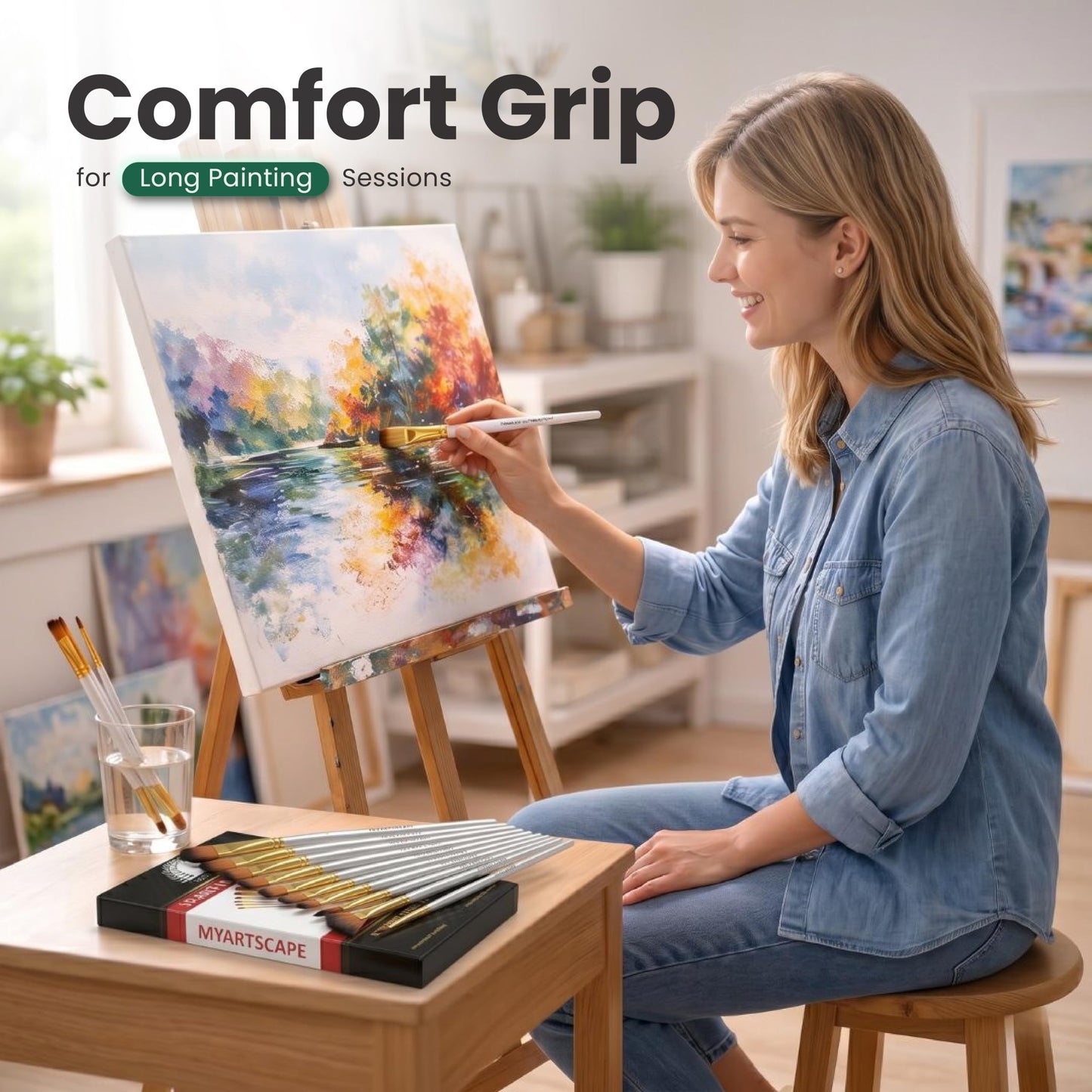 MyArtscape Paint Brush Set - 15 Short Handle Taklon Artist Brushes