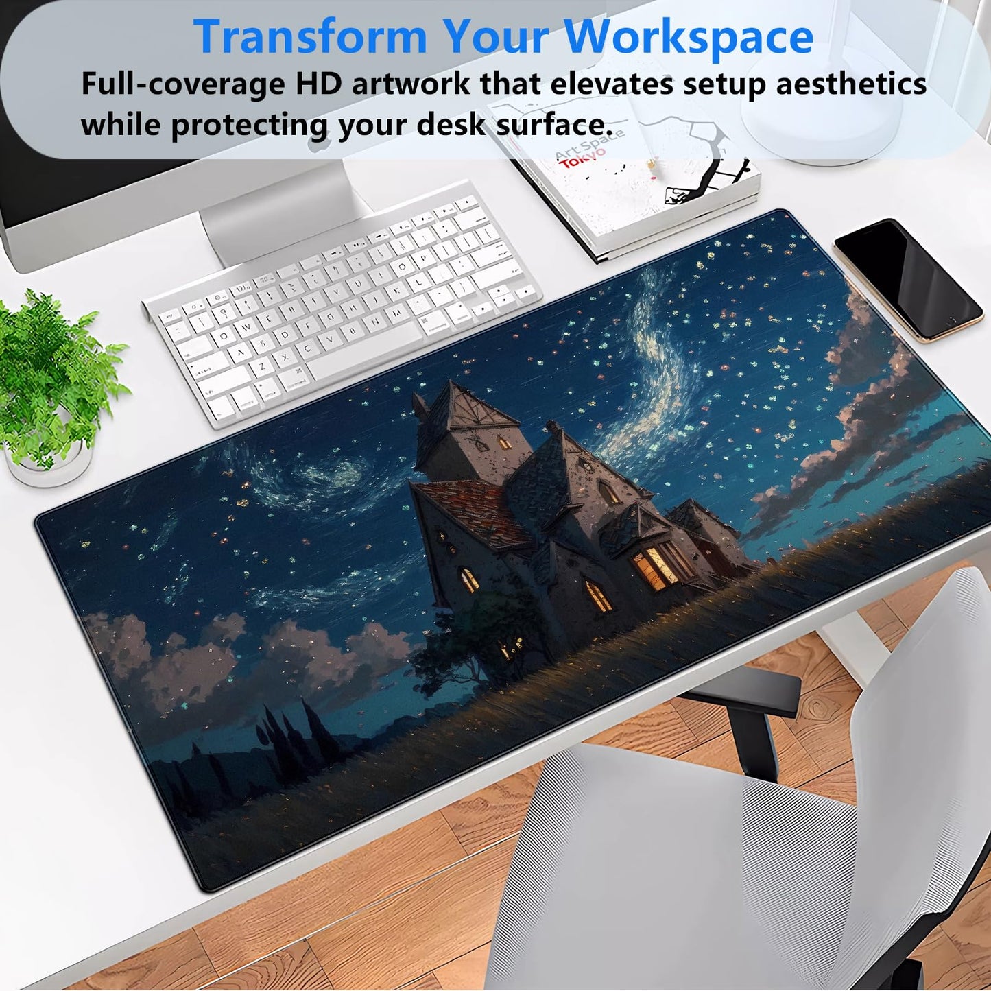 Starry Night Desk Mat, Abstract Swirl Large Mouse Pad 31.5x15.7 in