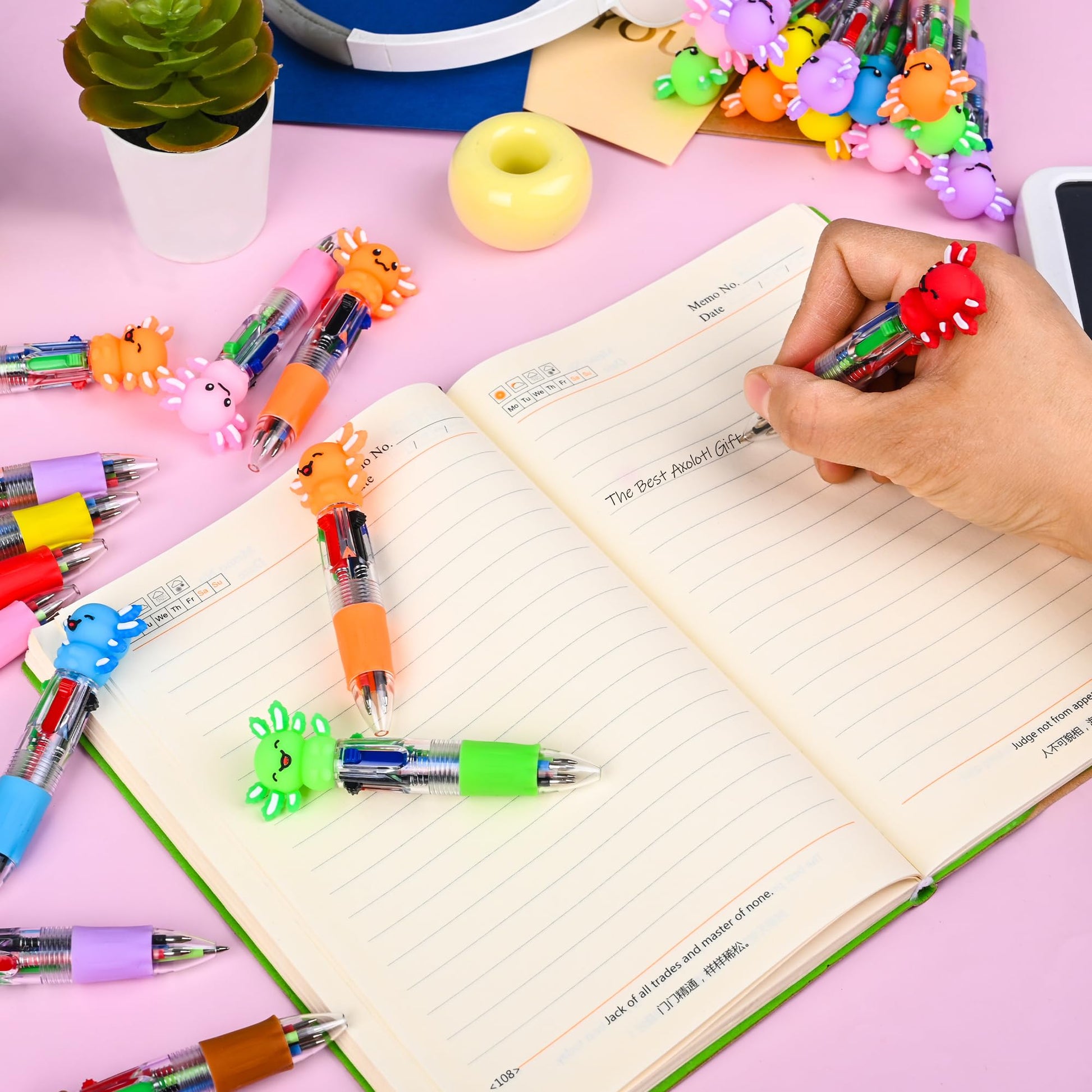 LiYiQ 50 Pcs Axolotl Party Favor Multicolor Pen in One Cartoon Cute Fun 4-in-1 Cute Pens Bulk