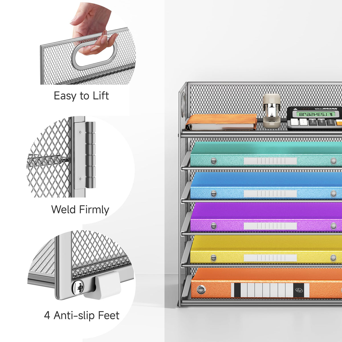 6 Tray Paper Organizer Letter Tray with Handle - Mesh Desk File Folder Holder, Paper Sorter for