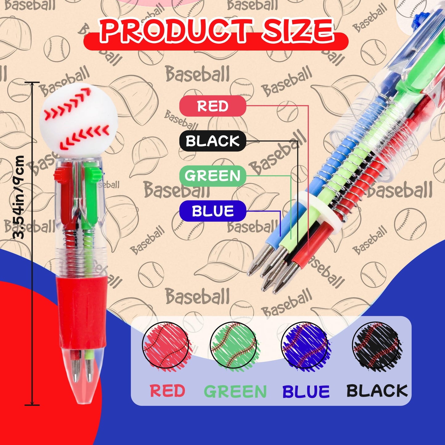 LiYiQ 25 Pcs Baseball Party Favor Multicolor Pen in One Cartoon Cute Fun 4-in-1 Cute Pens Bulk