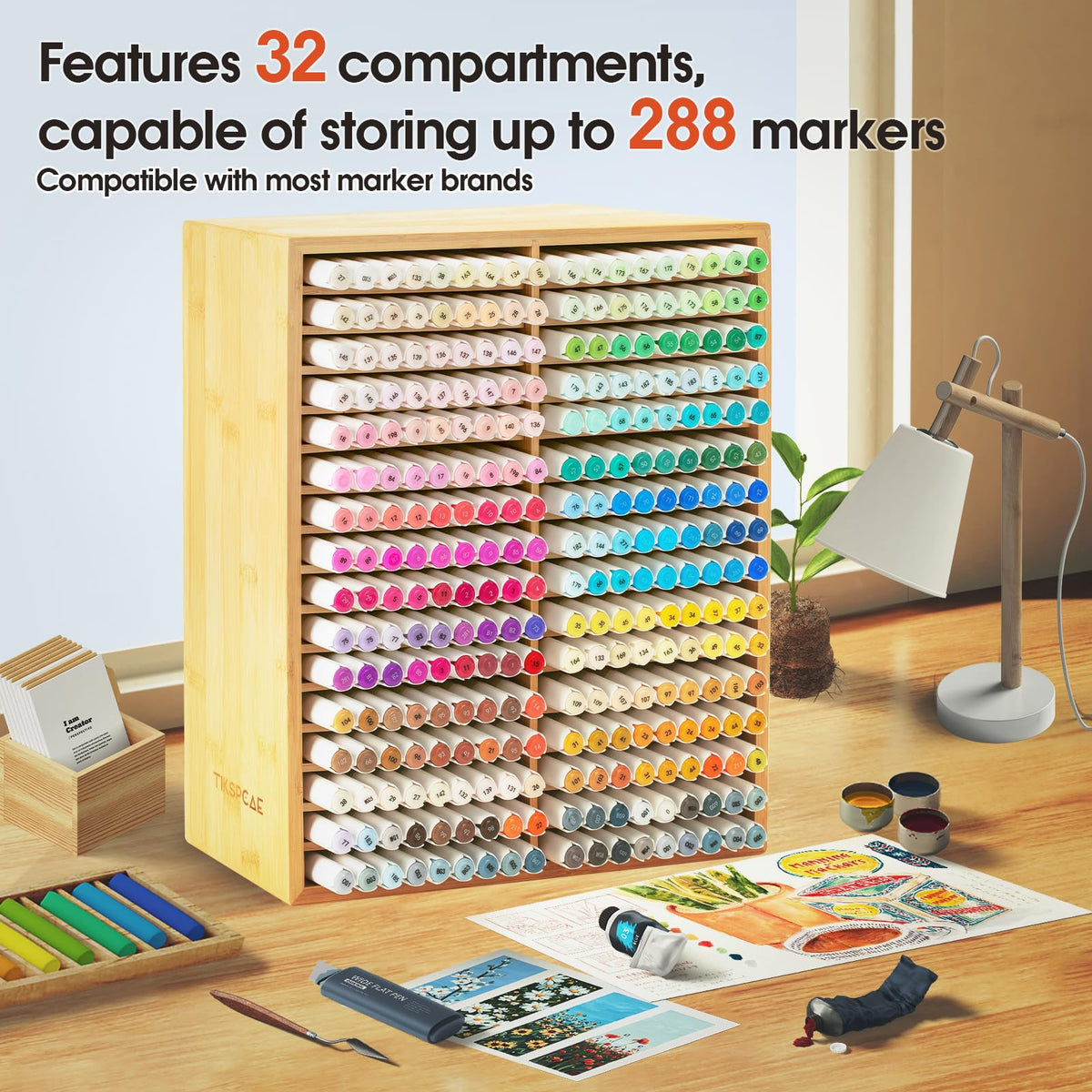 TIKSPCAE Marker Organizer for 288 Markers,Bamboo Wooden Desk Storage Organizer Rack,Markers Pens