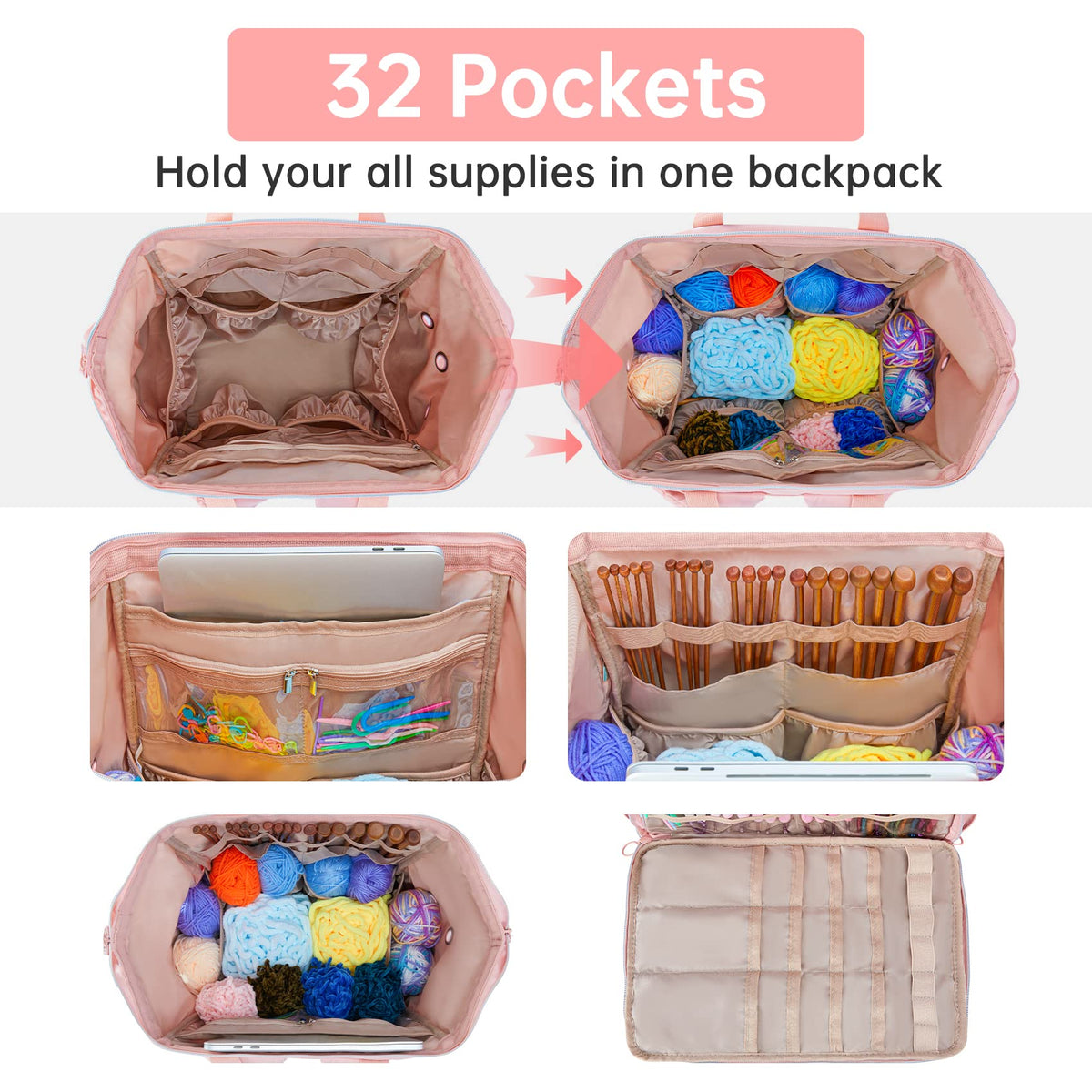 Leudes Crochet Bag Backpack for Yarn Storage Tote Travel Large Knitting Bag