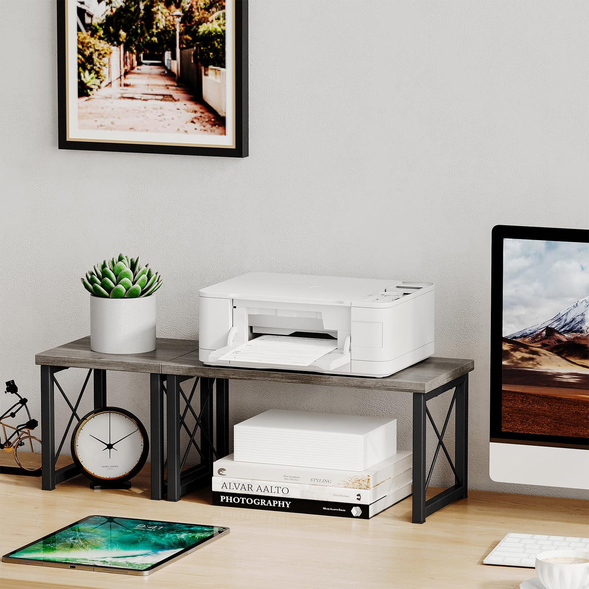 Honiter Desk Shelf for Top of Desk, Wood Desktop Shelf, 2 Tier Adjustable Bookshelf Organizer